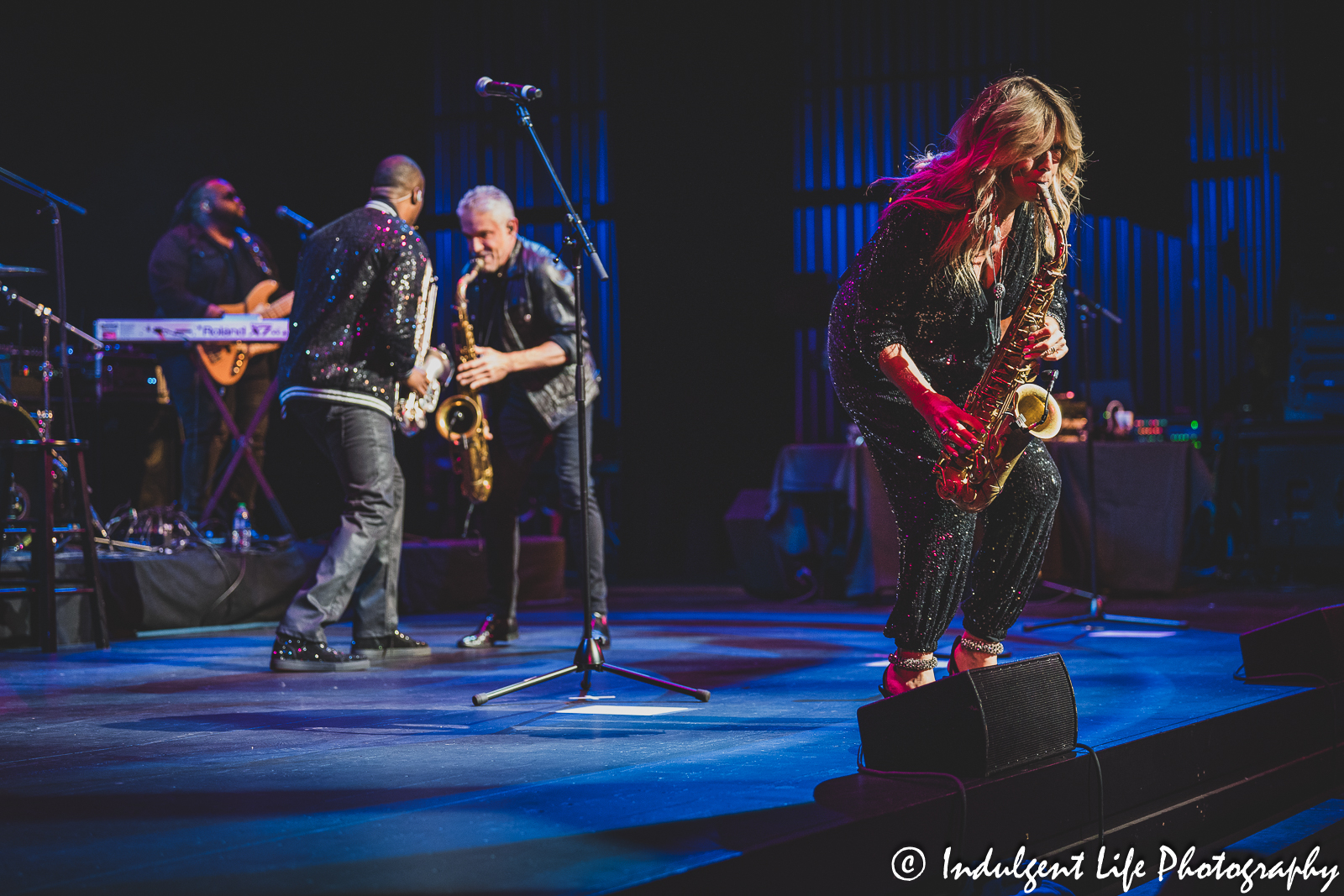 Candy Dulfer playing the saxophone live in concert at Kauffman Center for the Performing Arts in downtown Kansas City, MO on July 15, 2023.