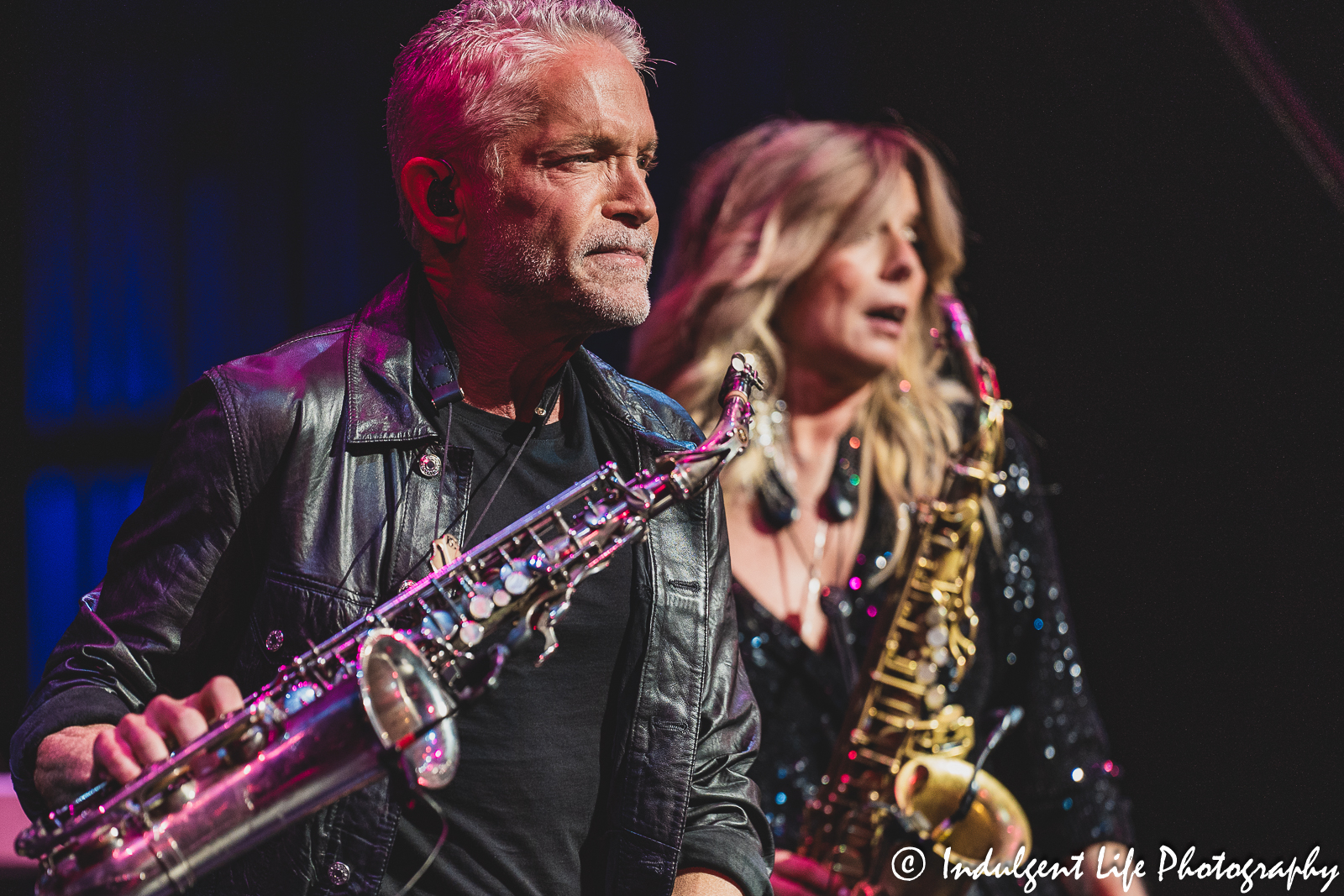 Saxophonists Dave Koz and Candy Dulfer performing live in concert together at Muriel Kauffman Theatre in downtown Kansas City, MO on July 15, 2023.