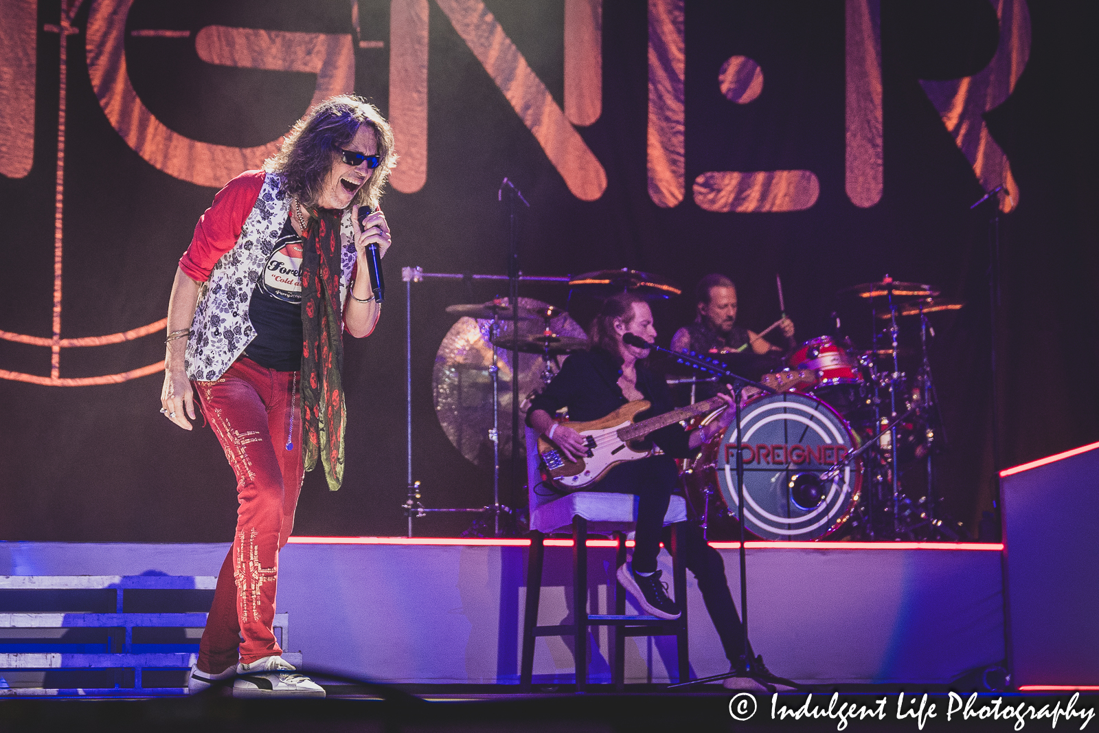 Foreigner band members Kelly Hansen, Jeff Pilson and Chris Frazier live in concert at Starlight Theatre in Kansas City, MO on July 18, 2023.