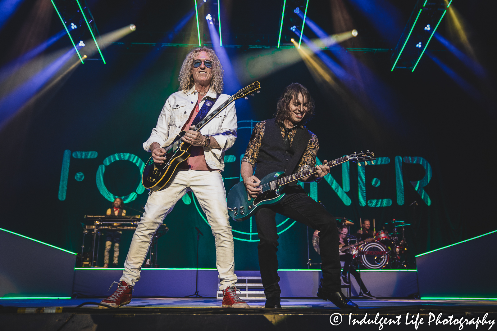 Foreigner guitar players Bruce Watson and Luis Maldonado performing together on "The Historic Farewell Tour" at Starlight Theatre in Kansas City, MO on July 18, 2023.