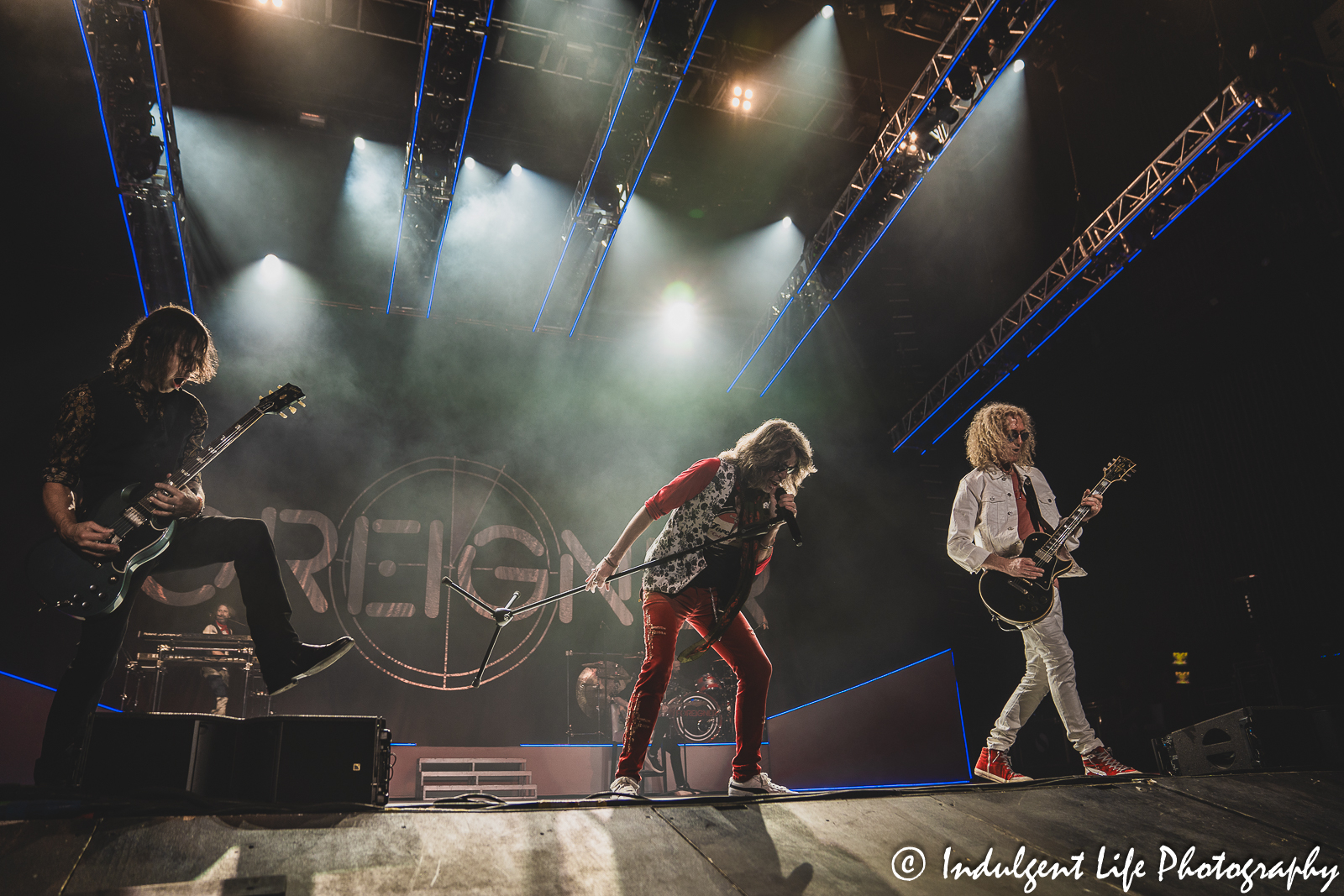 Foreigner band members Luis Maldonado, Kelly Hansen and Bruce Watson performing together at Starlight Theatre in Kansas City, MO on July 18, 2023.