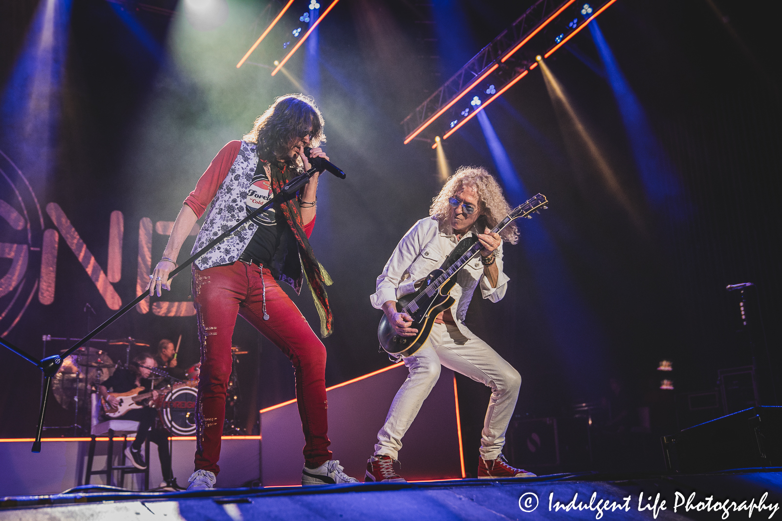 Lead singer Kelly Hansen and guitarist Bruce Watson of Foreigner performing live on "The Historic Farewell Tour" at Kansas City's Starlight Theatre on July 18, 2023.