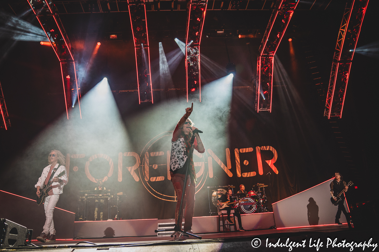 Foreigner performing "Double Vision" live on "The Historic Farewell Tour" at Kansas City's Starlight Theatre on July 18, 2023.