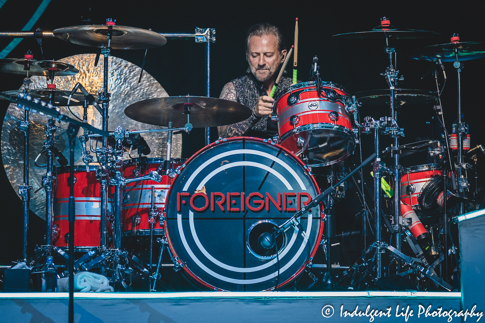 Foreigner drummer Chris Frazier performing live on "The Historic Farewell Tour" at Starlight Theatre in Kansas City, MO on July 18, 2023.