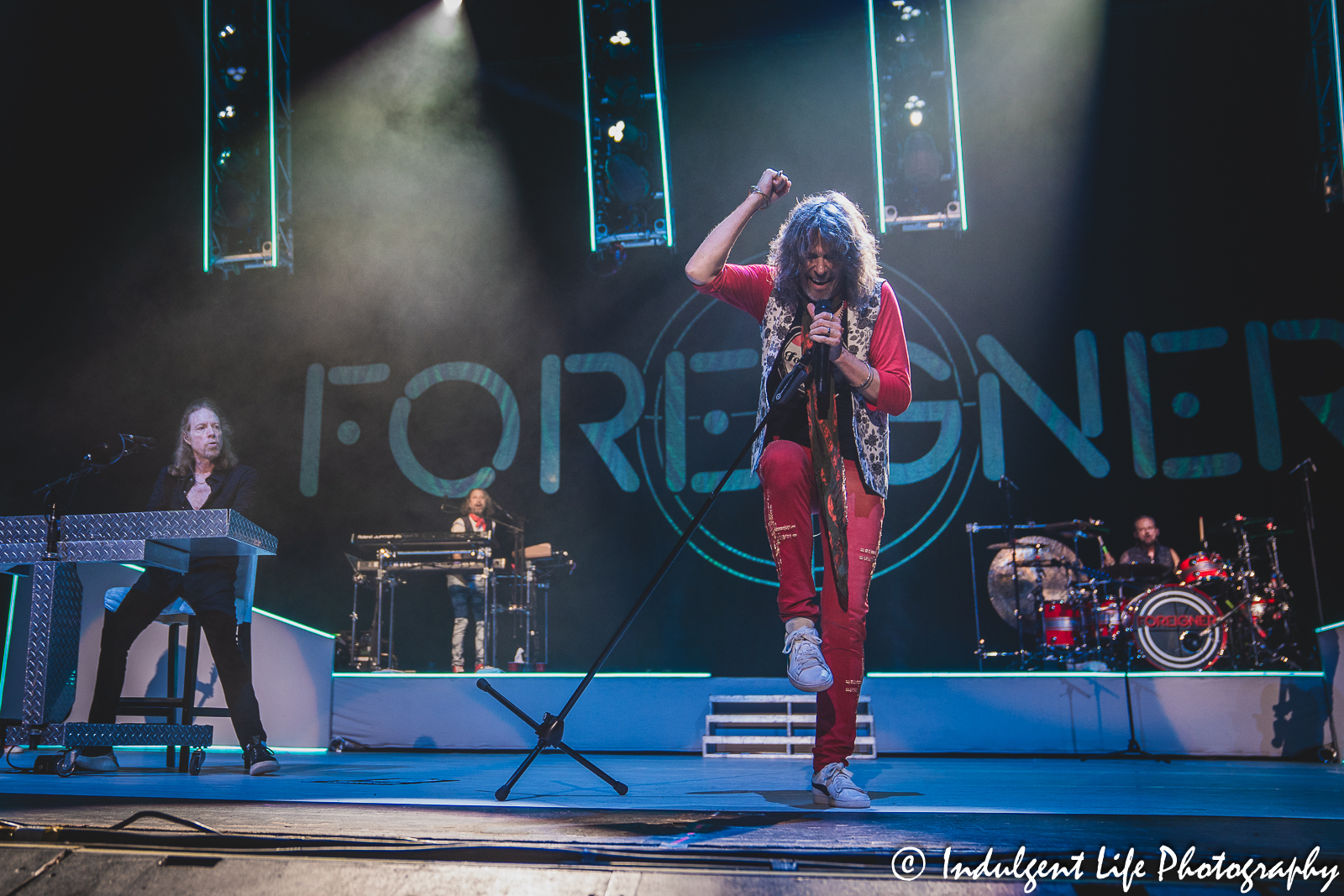 Foreigner band members Kelly Hansen, Jeff Pilson, Michael Bluestein and Chris Frazier live in concert at Starlight Theatre in Kansas City, MO on July 18, 2023.