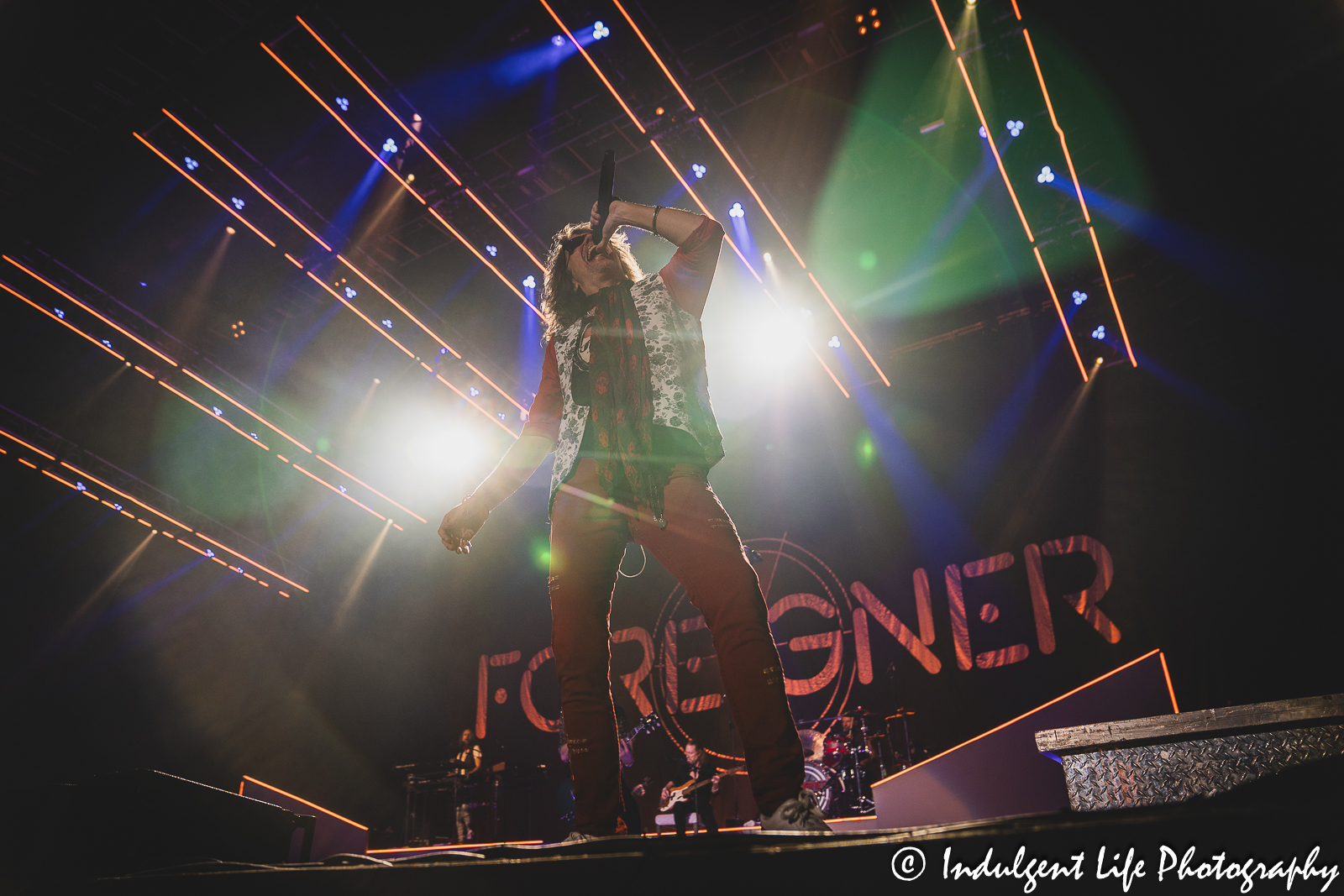 Frontman Kelly Hansen of Foreigner singing live on "The Historic Farewell Tour" at Kansas City's Starlight Theatre on July 18, 2023.