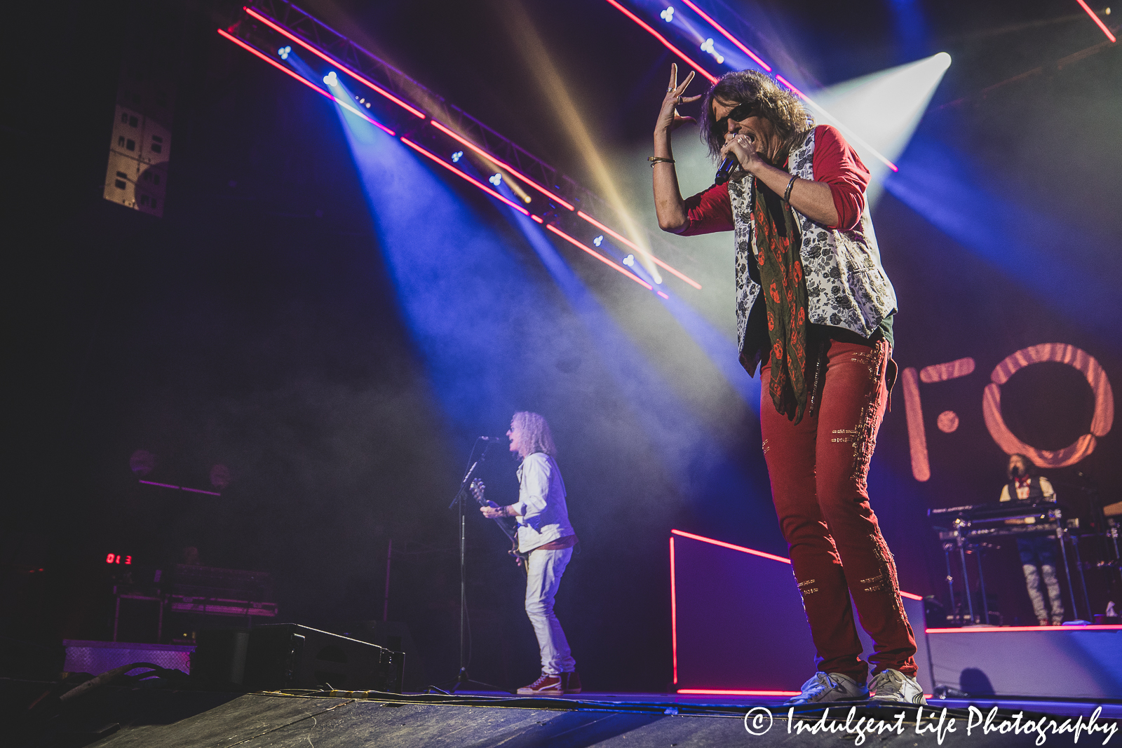 Foreigner band members Kelly Hansen, Bruce Watson and Michael Bluestein live in concert at Starlight Theatre in Kansas City, MO on July 18, 2023.