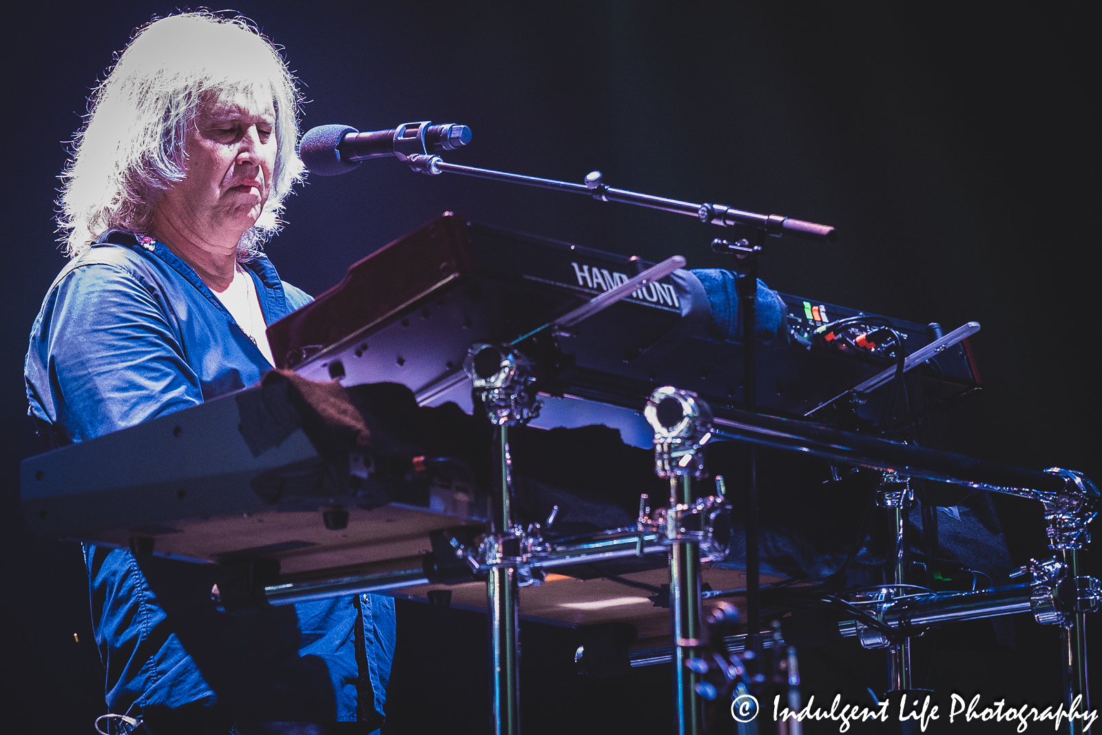 Frontman Ronnie Platt of Kansas playing the keyboards live in concert at The Midland in downtown Kansas City, MO on July 27, 2023.