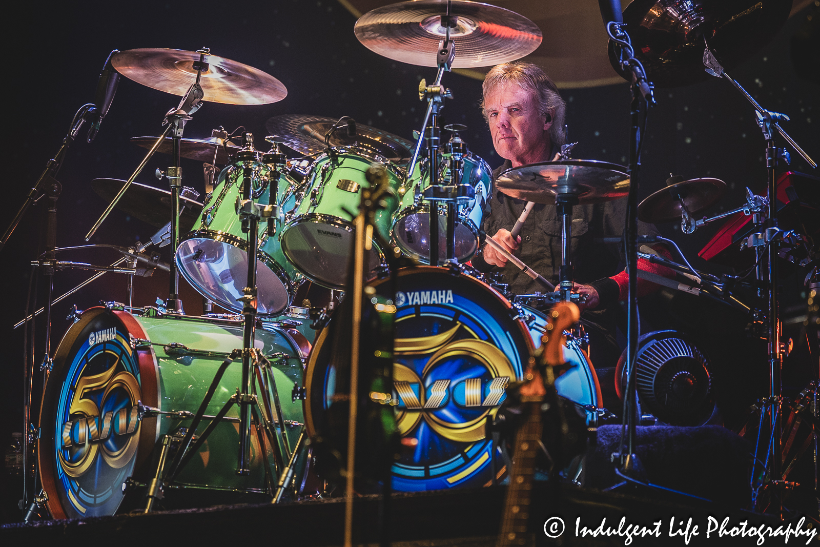 Kansas founding member and drummer Phil Ehart playing live on the 50th anniversary tour stop at The Midland in Kansas City, MO on July 27, 2023.