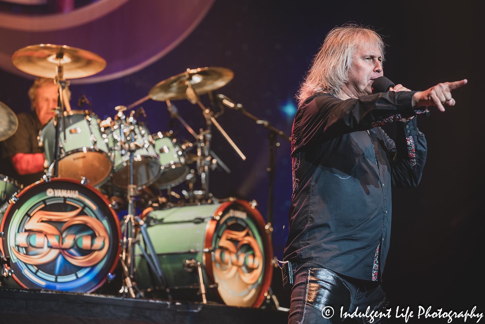 Kansas frontman Ronnie Platt and drummer Phil Ehart performing live together at Midland Theatre in downtown Kansas City, MO on July 27, 2023.