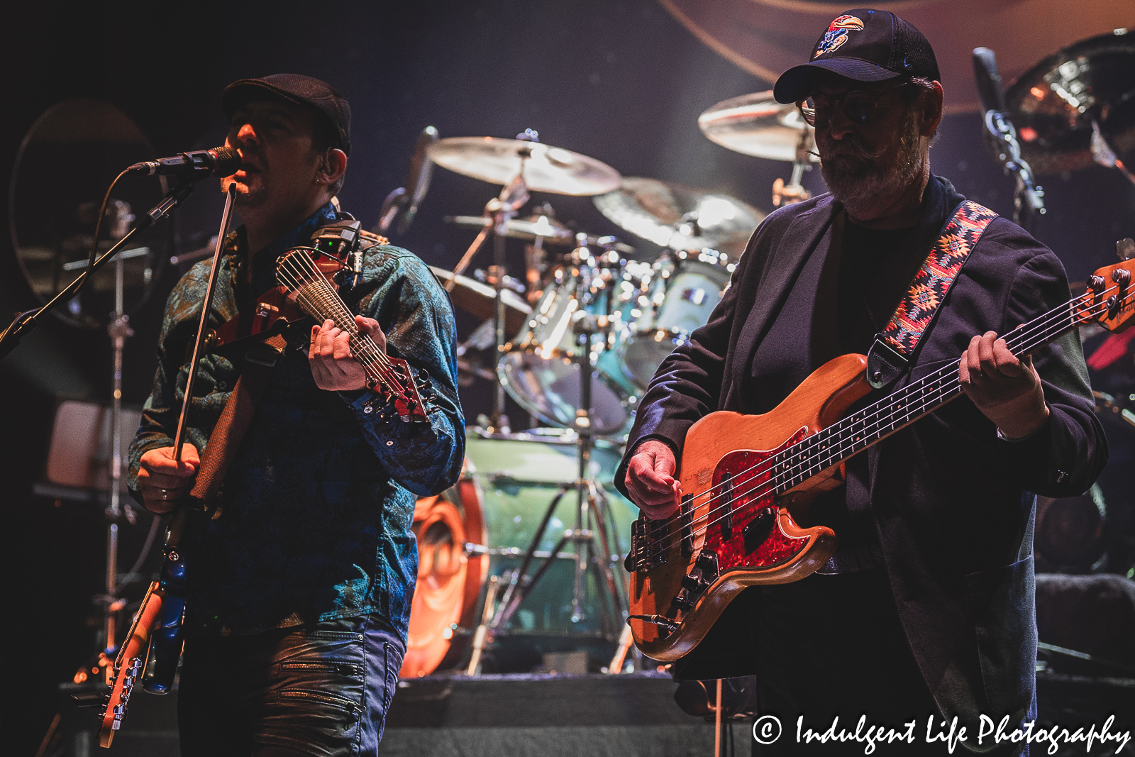 Kansas founding member and bass guitarist Dave Hope performing with violin player Joe Deninzon at Midland Theatre in downtown Kansas City, MO on July 27, 2023.