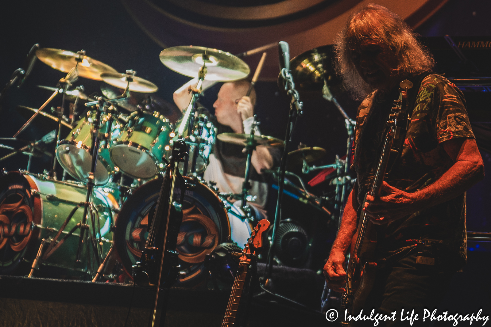 Kansas bass player Billy Greer and touring drummer Eric Holmquist performing together at Midland Theatre in downtown Kansas City, MO on July 27, 2023.