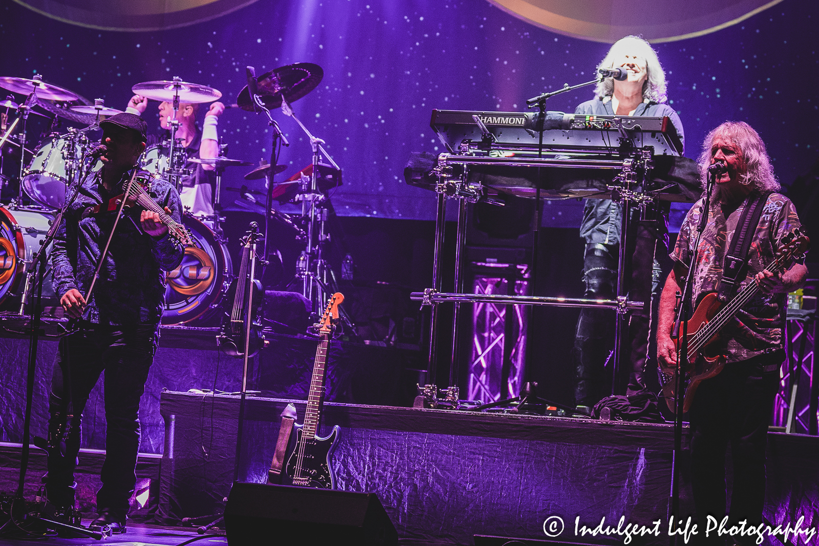 Kansas band members Joe Deninzon, Eric Holmquist, Ronnie Platt and Billy Greer playing live at Midland Theatre in Kansas City, MO on July 27, 2023.