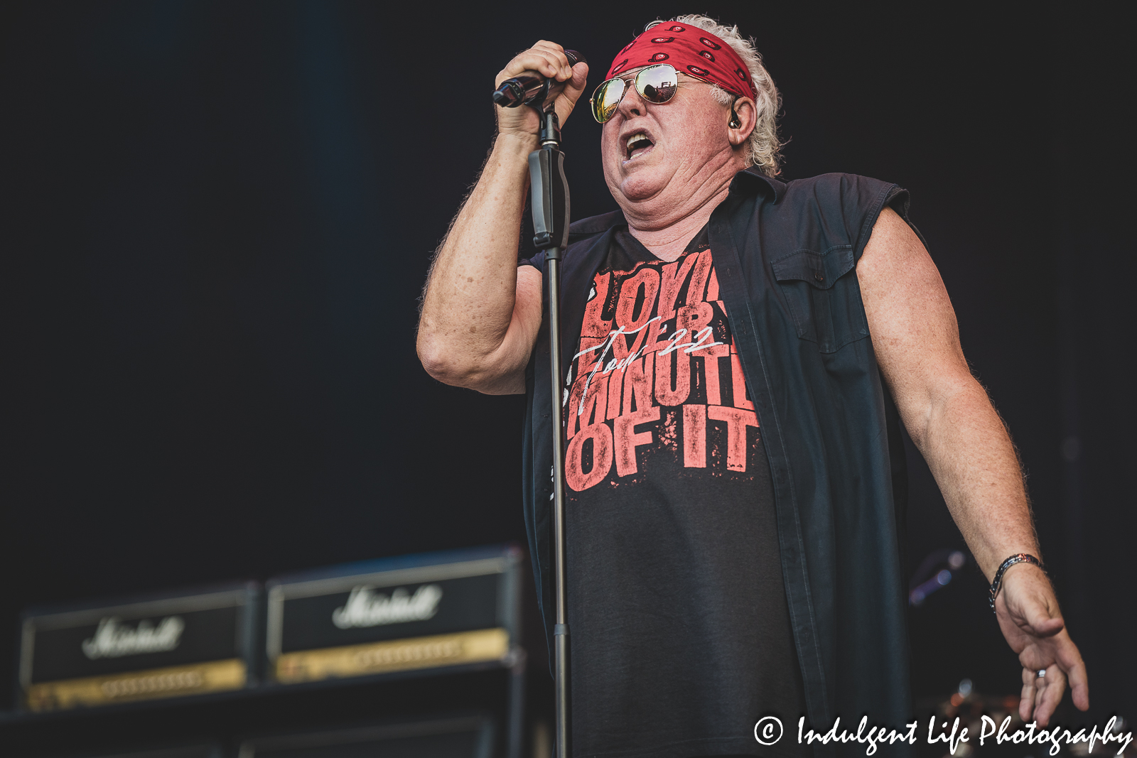 Lead singer Mike Reno of Loverboy performing live in concert at Kansas City's Starlight Theatre on July 18, 2023.