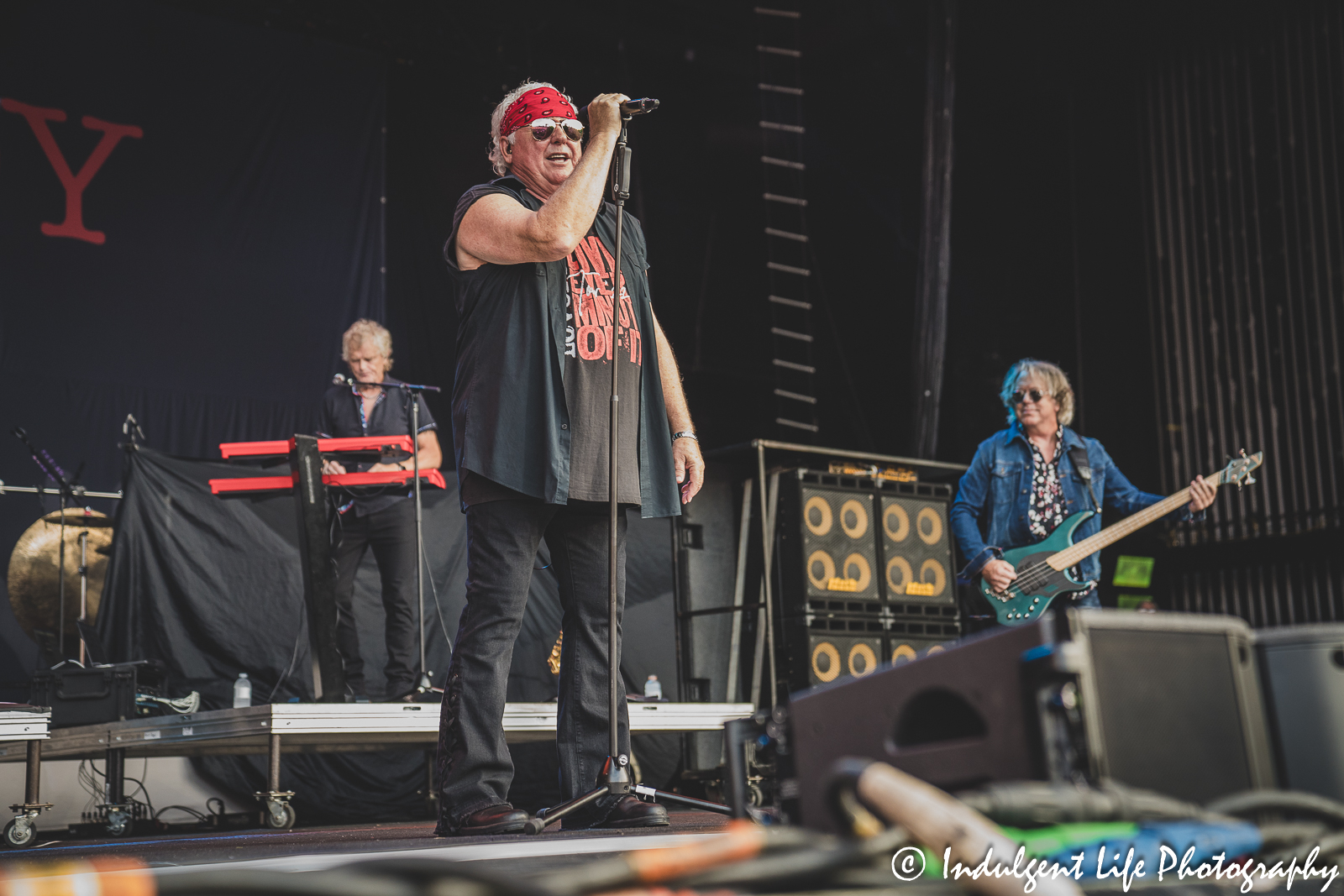 Loverboy band members Mike Reno, Doug Johnson and Ken "Spider" Sinnaeve performing live together at Starlight Theatre in Kansas City, MO on July 18, 2023.