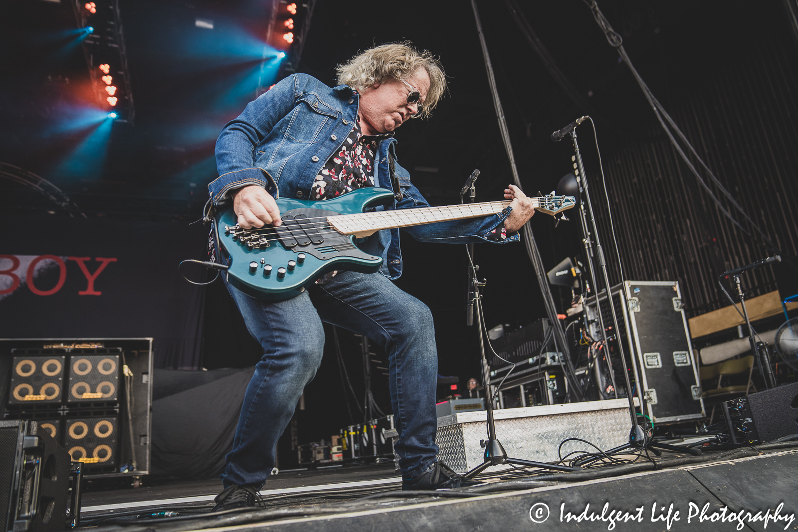 Loverboy bass guitar player Ken "Spider" Sinnaeve performing live at Kansas City's Starlight Theatre on July 18, 2023.