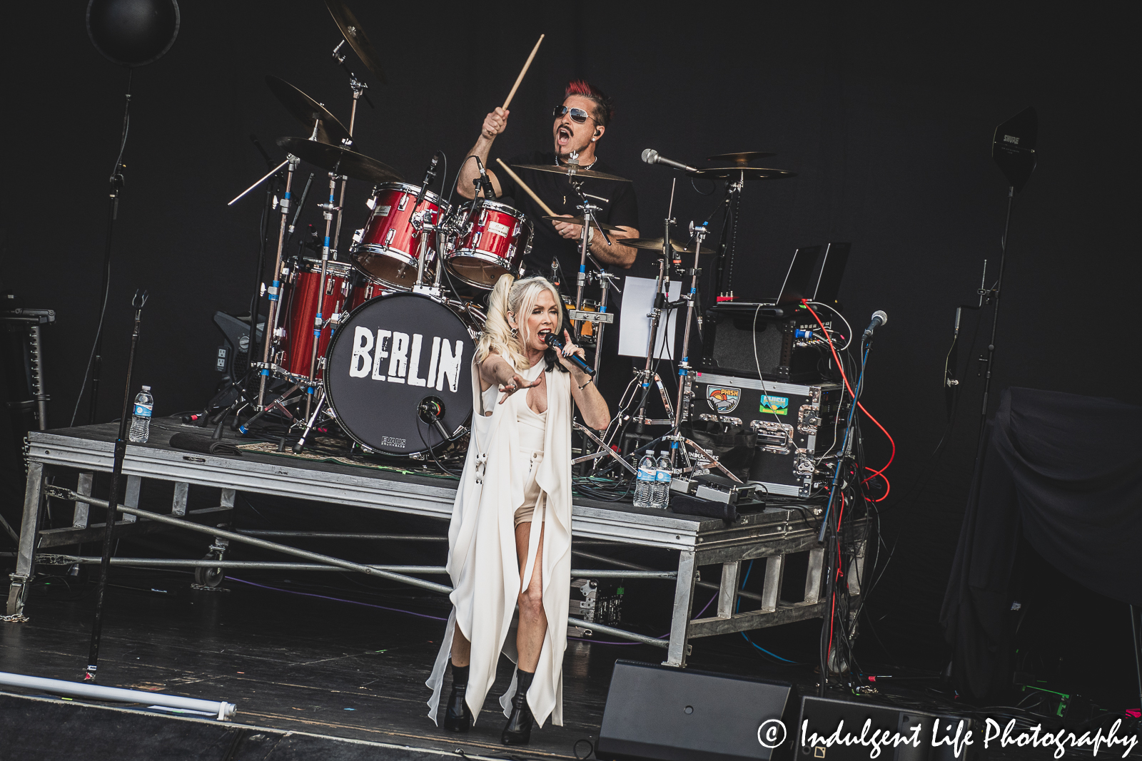 Berlin lead singer Terri Nunn performing with drummer Ric "Rocc" Roccapriore at Starlight Theatre in Kansas City, MO on August 8, 2023.