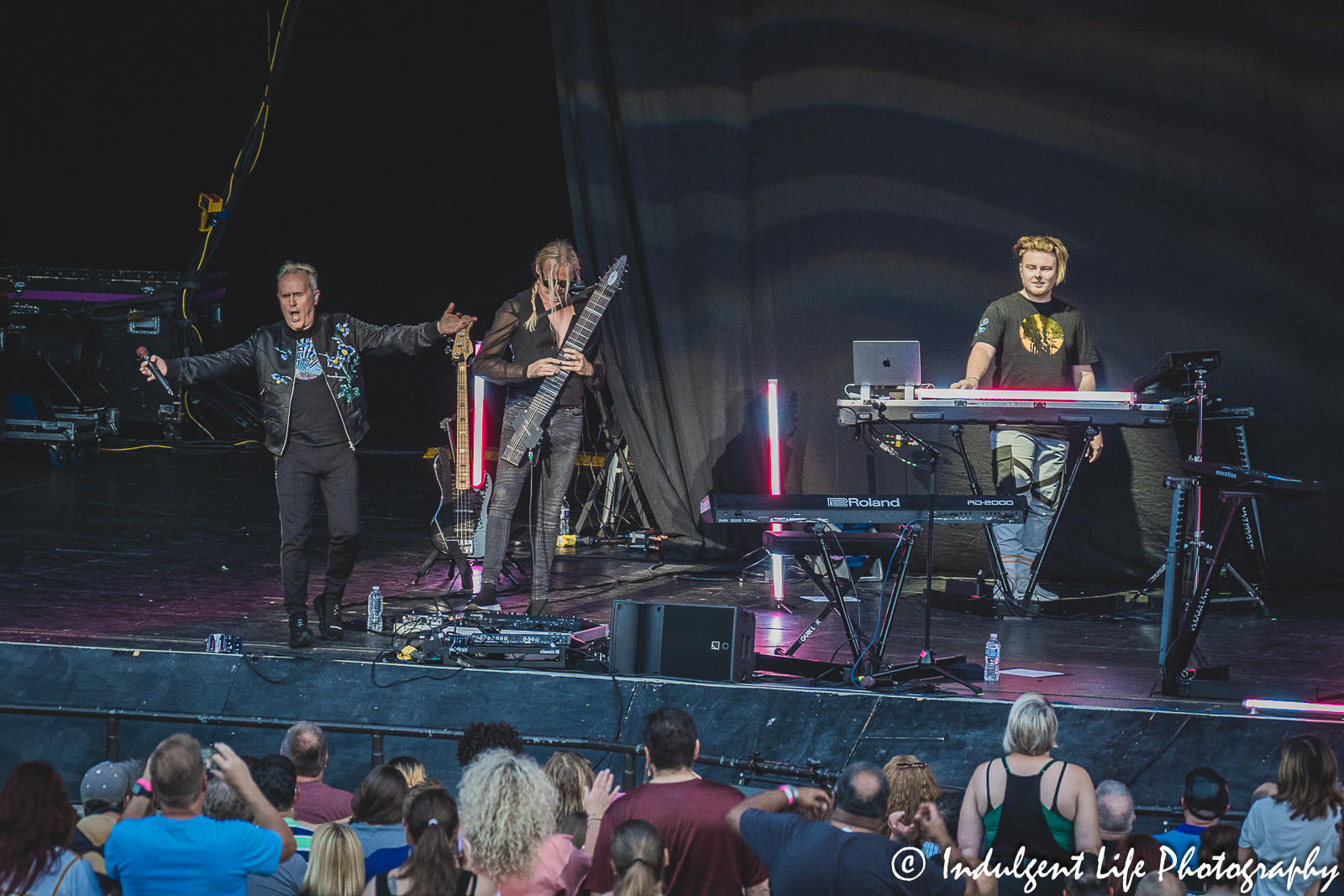 Starlight Theatre concert in Kansas City, MO featuring Howard Jones with bass guitarist Nick Beggs and keyboard player Dan Clarke on August 8, 2023.