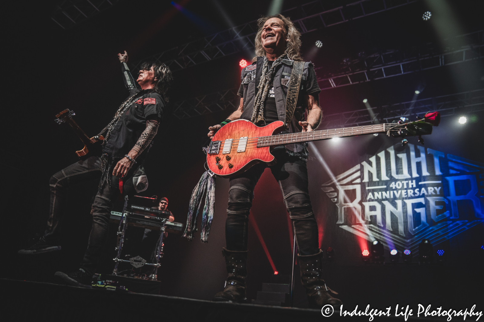 Night Ranger band members Keri Kelli, Eric Levy and Jack Blades live in concert together at Ameristar Casino Hotel Kansas City on October 20, 2023.
