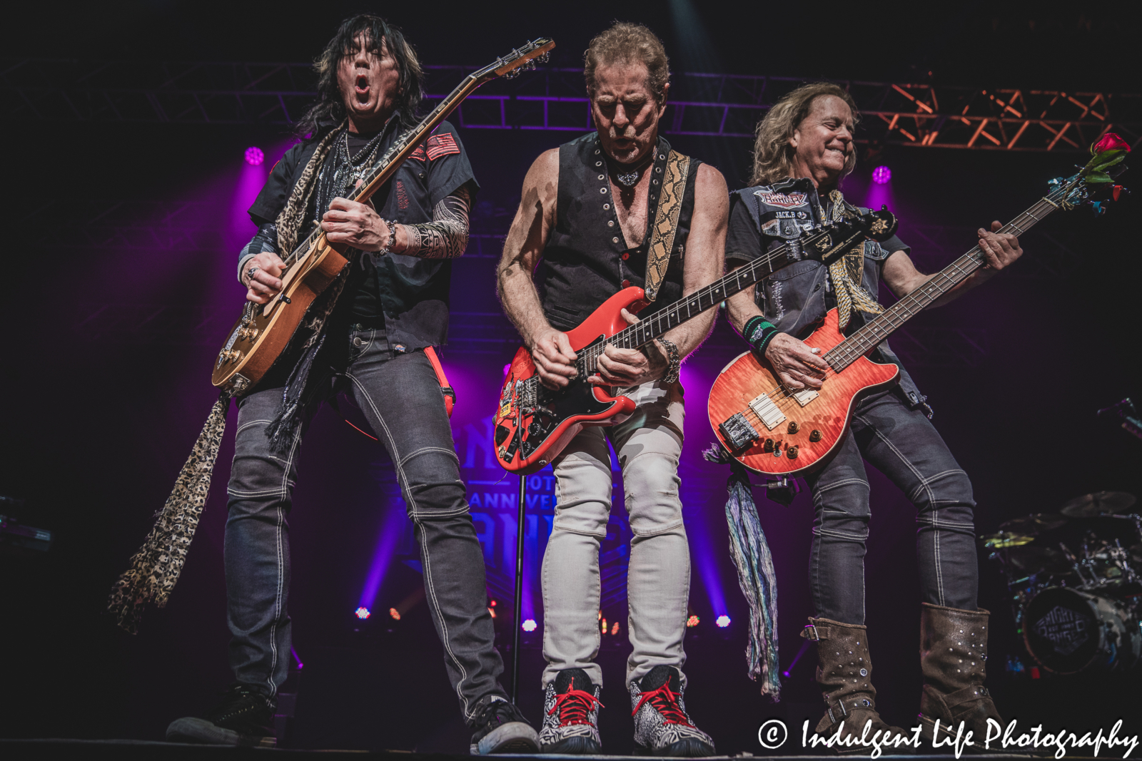 Night Ranger members Keri Kelli, Brad Gillis and Jack Blades playing guitars together at Ameristar Casino Hotel Kansas City on October 20, 2023.