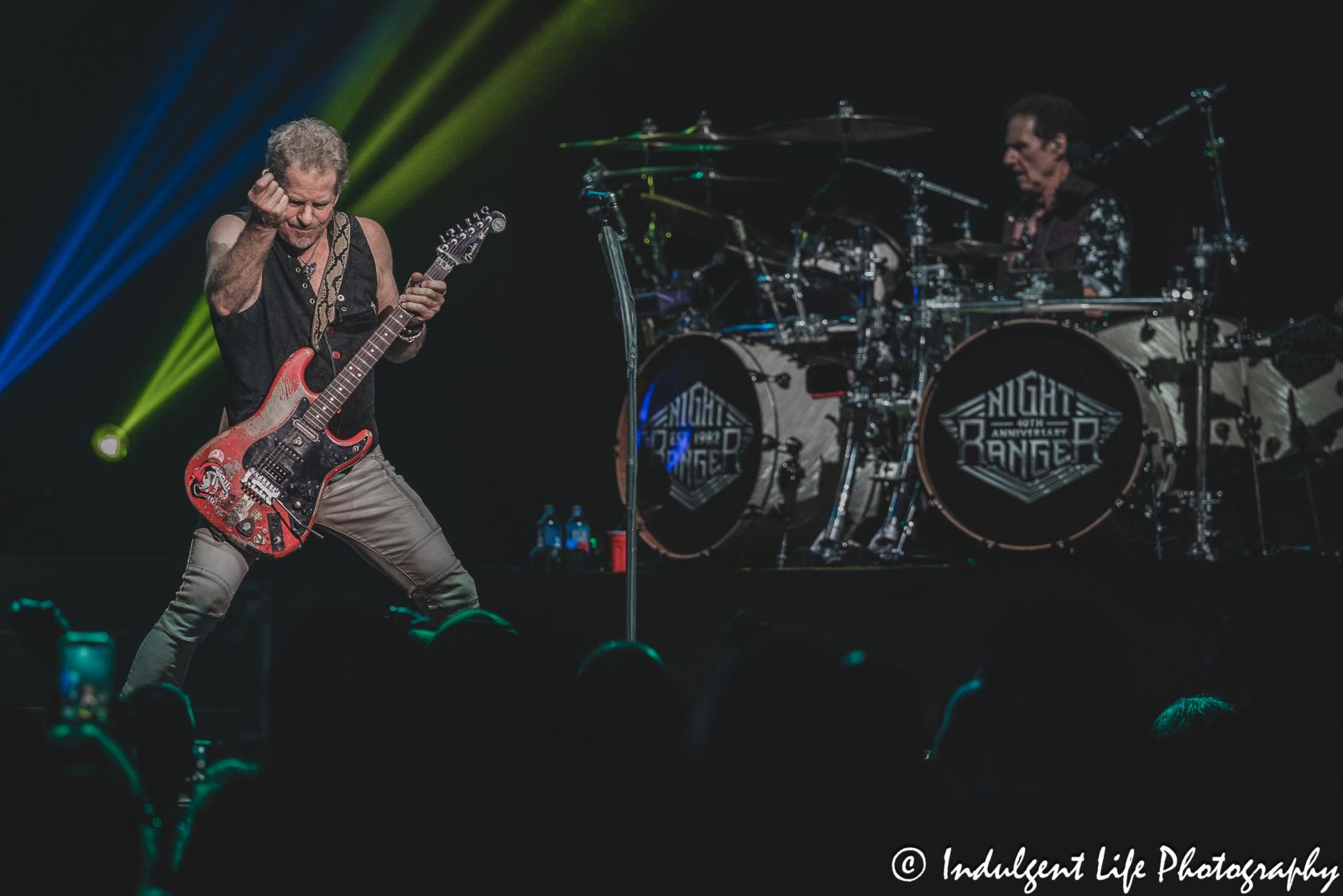 Night Ranger guitar player Brad Gillis and drummer Kelly Keagy in concert together at Ameristar Casino in Kansas City, MO on October 20, 2023.