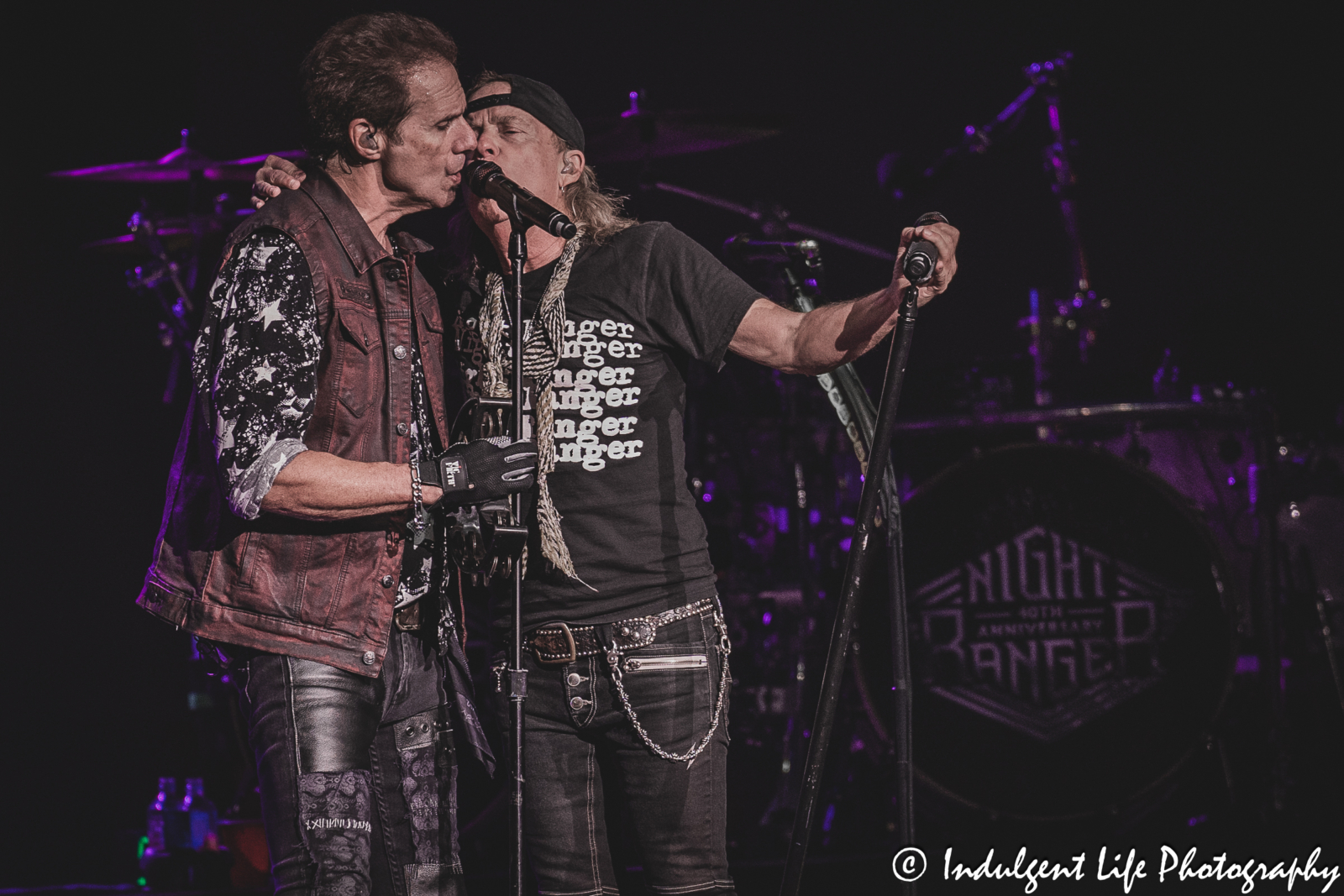 Night Ranger members Kelly Keagy and Jack Blades singing together at Star Pavilion inside of Ameristar Casino in Kansas City, MO on October 20, 2023.