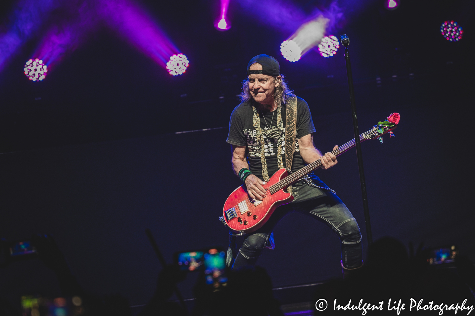 Night Ranger lead singer Jack Blades playing the bass guitar live in concert at Ameristar Casino's Star Pavilion in Kansas City, MO on October 20, 2023.