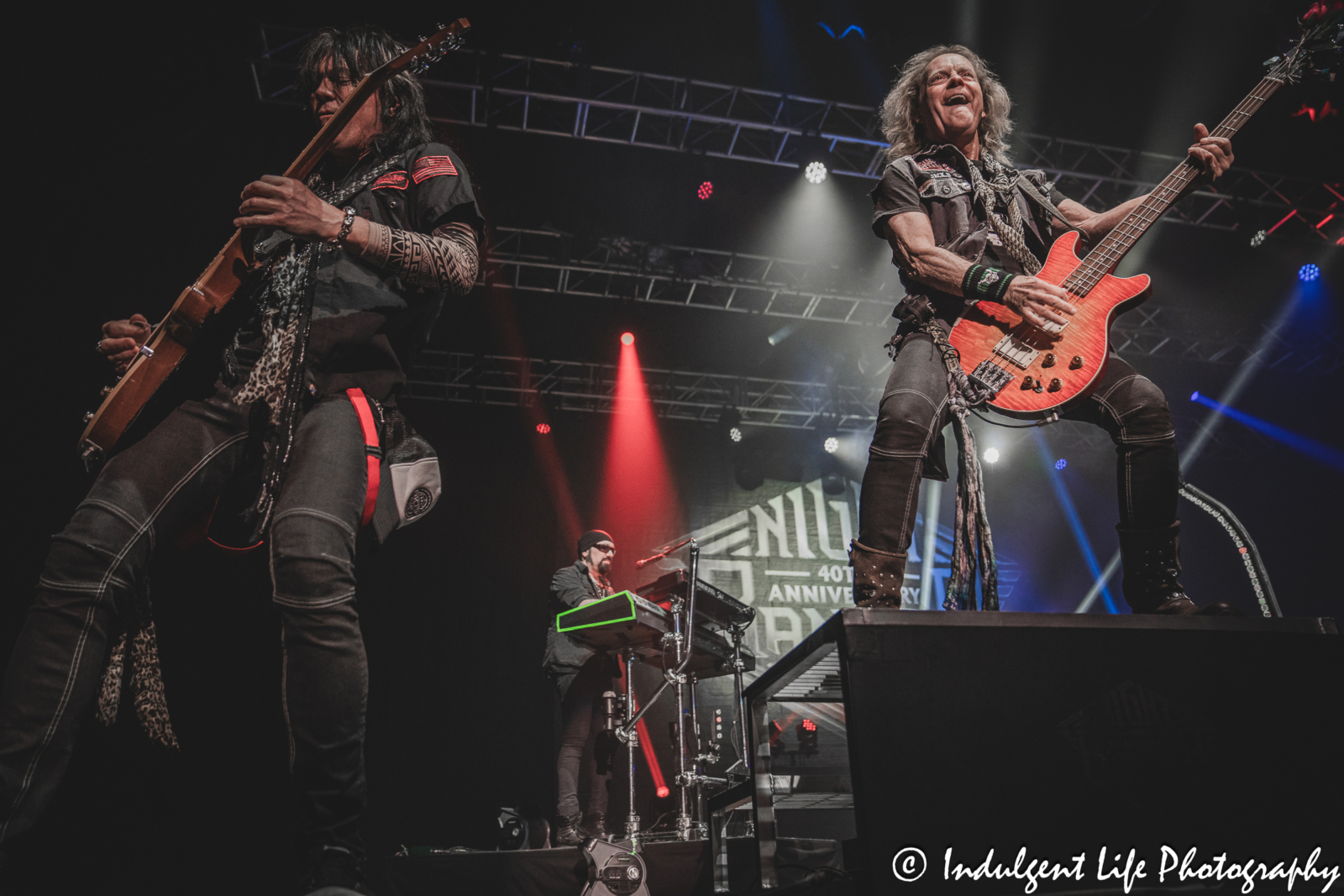 Night Ranger band members Keri Kelli, Eric Levy and Jack Blades performing together at Ameristar Casino Hotel Kansas City on October 20, 2023.