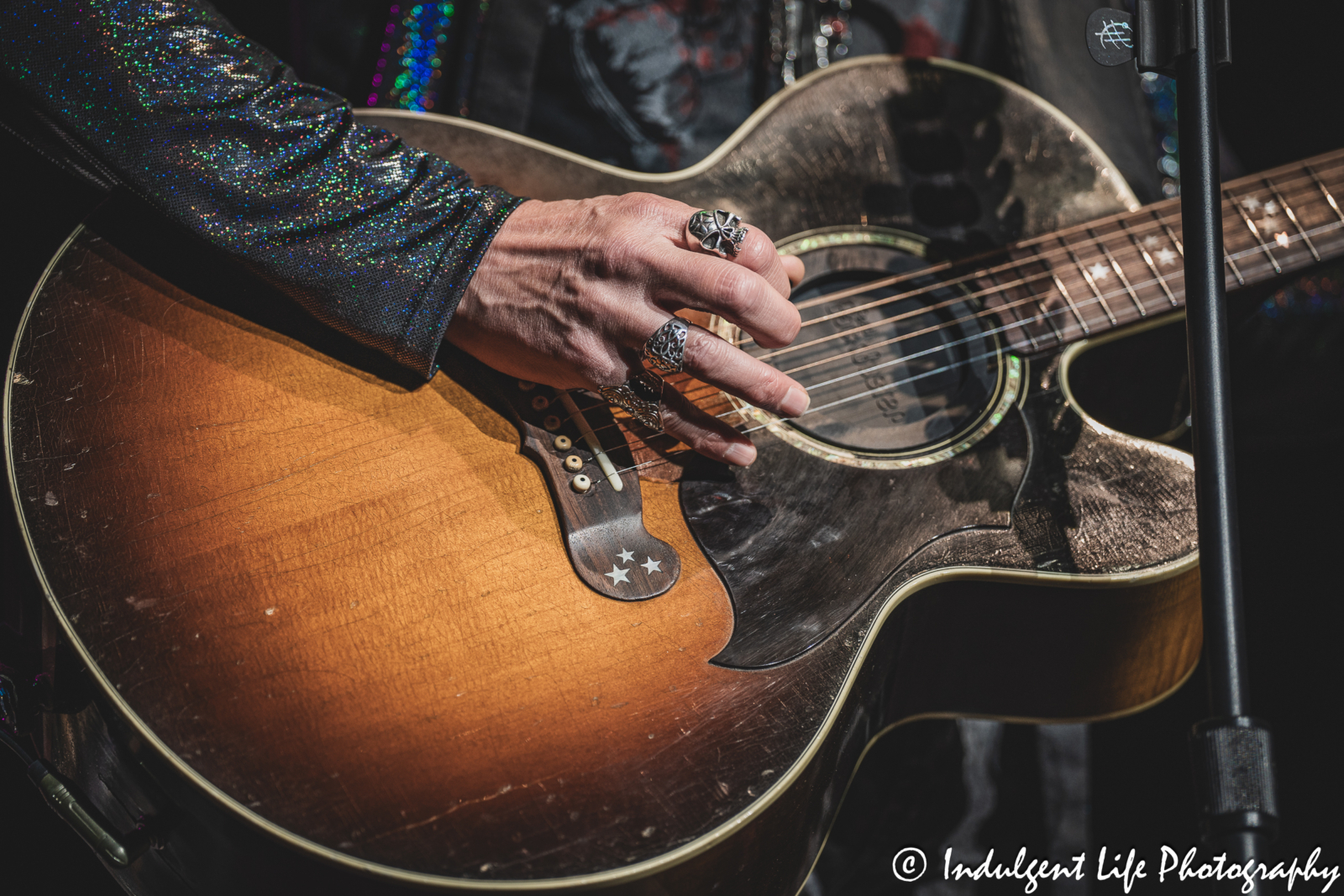 Acoustic guitar of The Guess Who lead singer Derek Sharp as he played live at Ameristar Casino's Star Pavilion in Kansas City, MO on October 21, 2023.