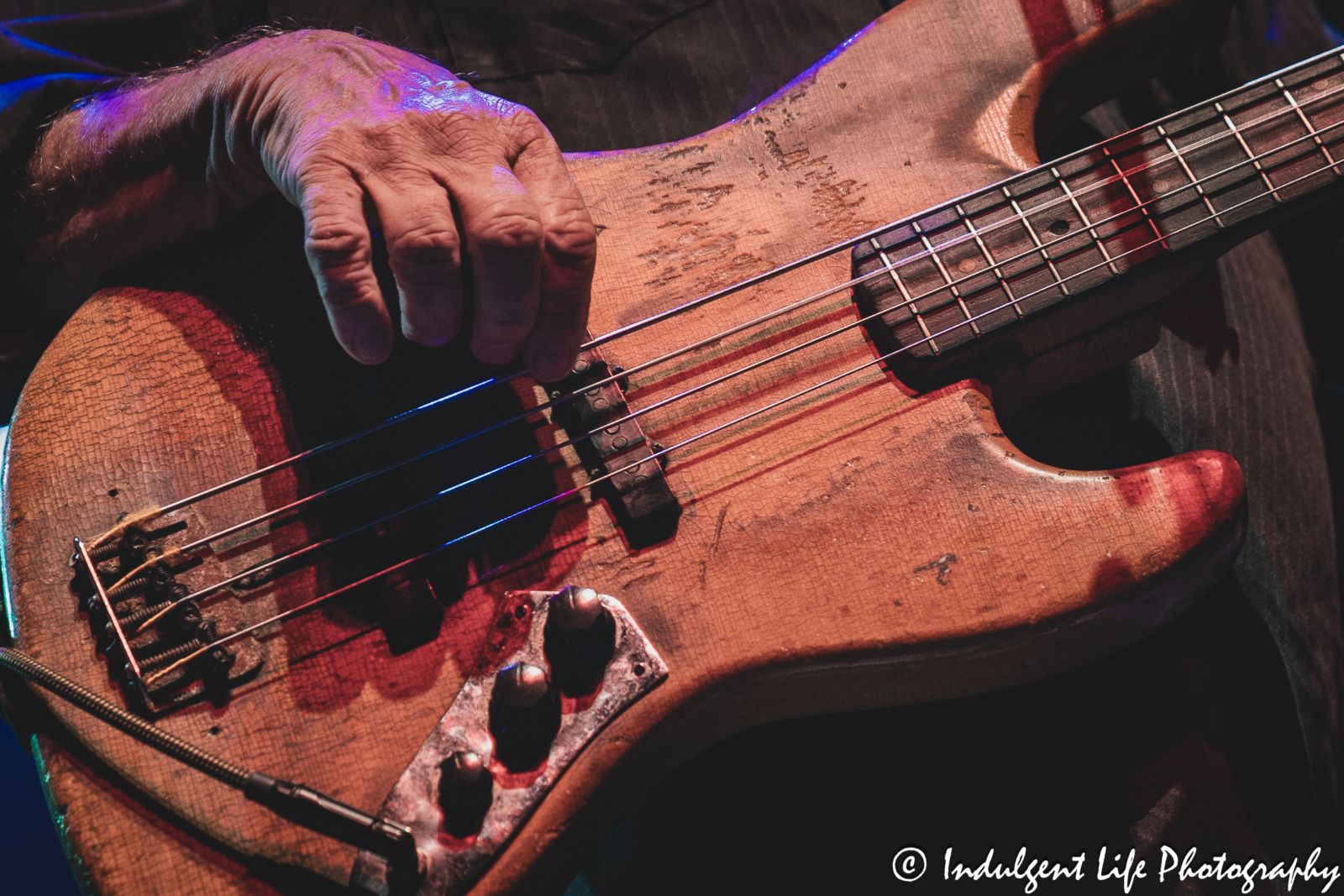 Bass guitar of The Ozark Mountain Daredevils founding member Mike "Supe" Granda as he performed live at Ameristar Casino in Kansas City, MO on November 11, 2023.