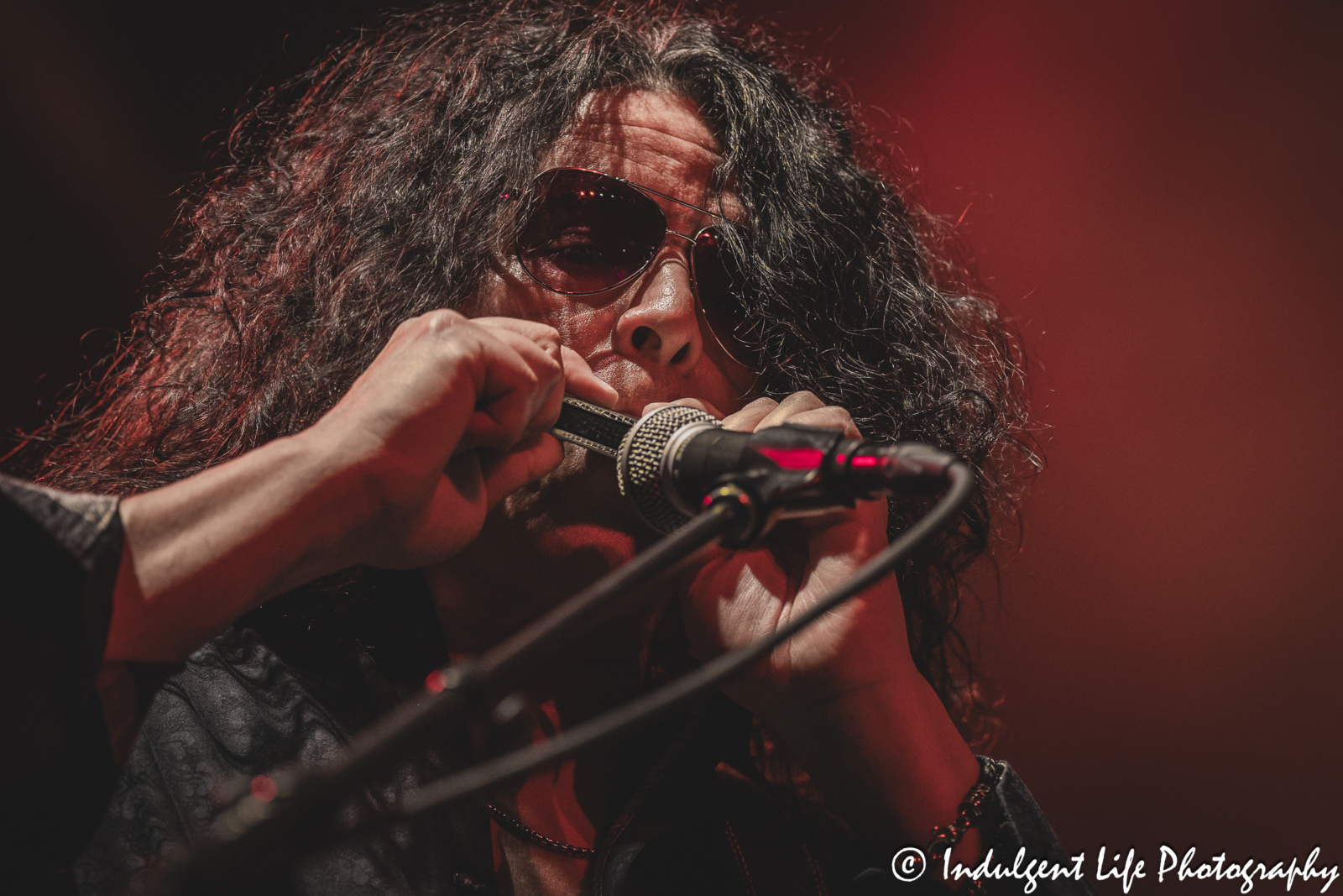 Tony Montana of Jack Russell's Great White playing the harmonica live at Hy-Vee Arena in Kansas City, MO on March 22, 2024.