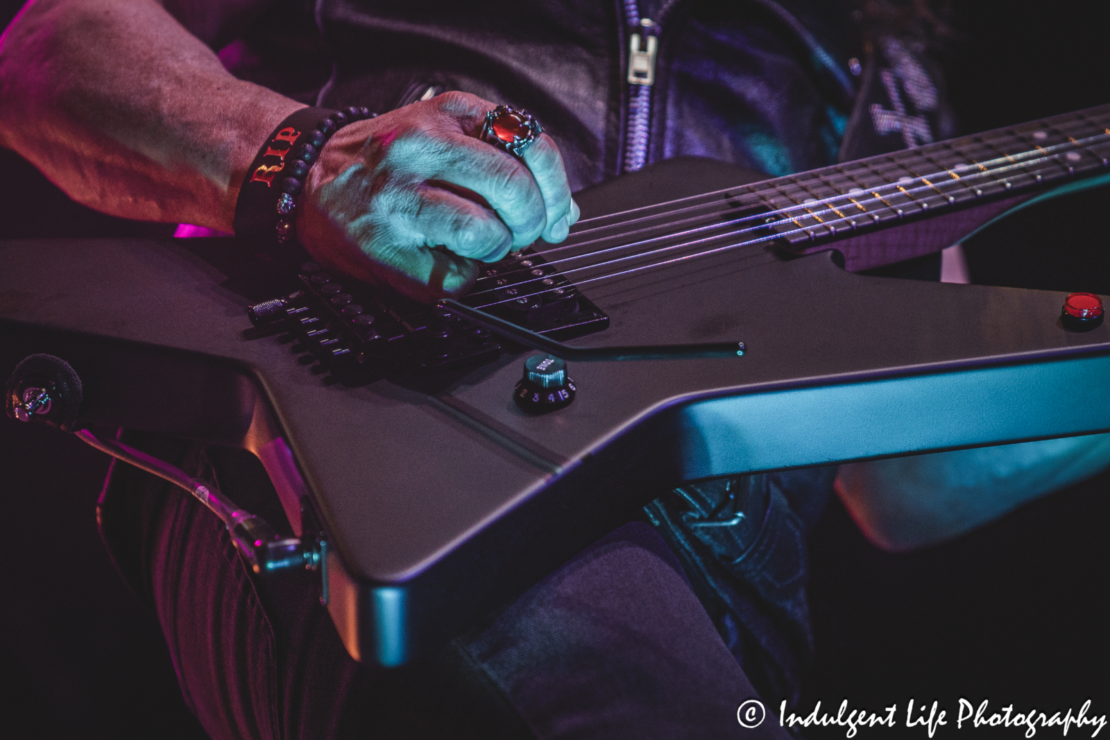 Guitar of Queensrÿche founding member Michael Wilton as he performed live in concert at Ameristar Casino's Star Pavilion in Kansas City, MO on April 5, 2024.