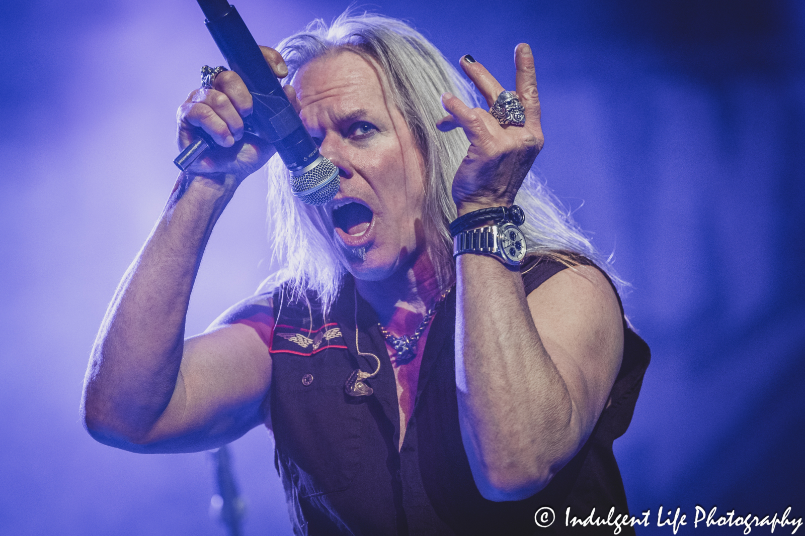 Warrant frontman Robert Mason singing live at Hy-Vee Arena in Kansas City, MO on March 22, 2024.