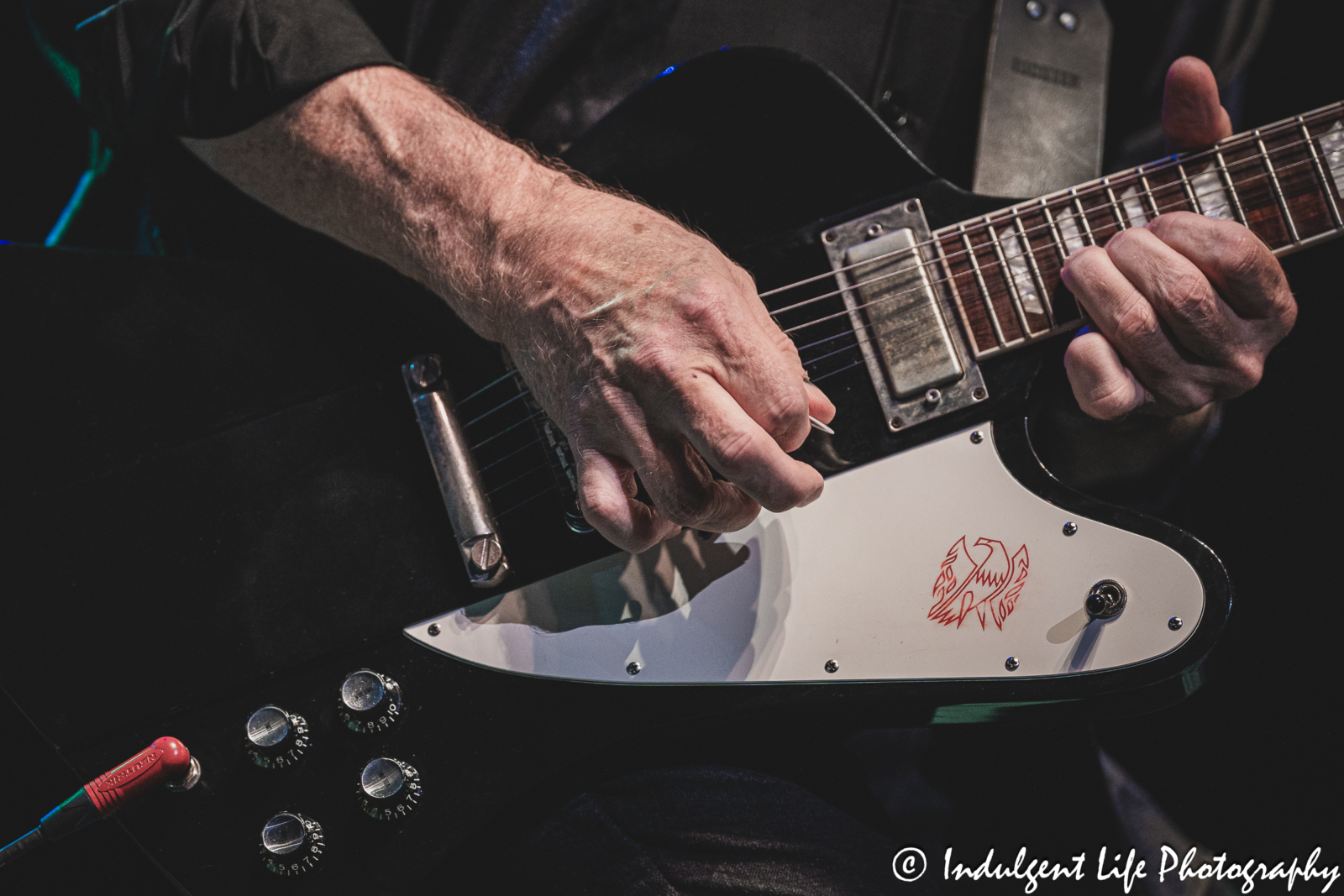 Guitar of Grand Funk Railroad member Mark Chatfield as he performed live in concert at Ameristar Casino's Star Pavilion in Kansas City, MO on June 21, 2024.