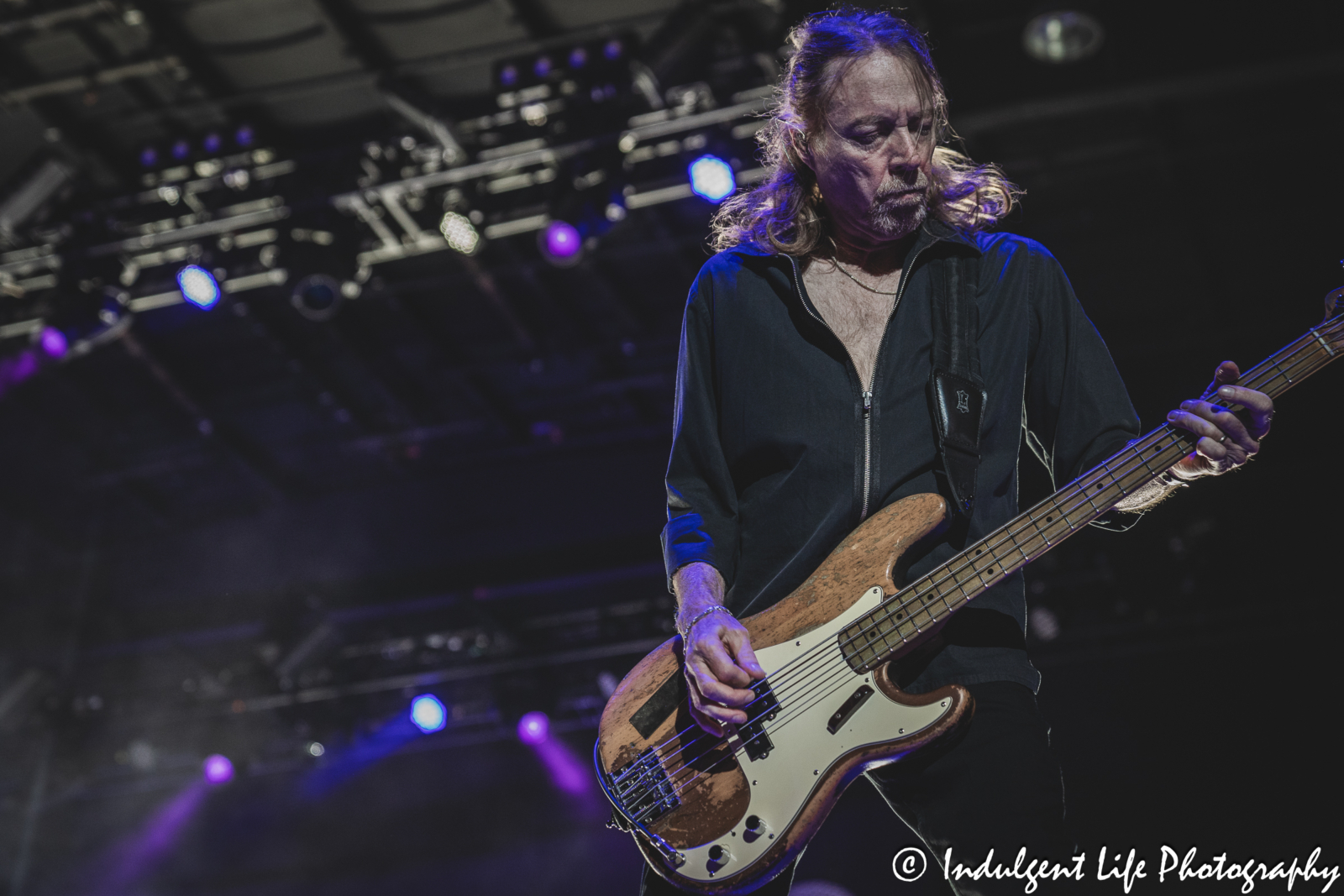 Bass guitarist Jeff Pilson of Foreigner performing "Double Vision" at Azura Amphitheater in Bonner Springs, KS on October 5, 2024.