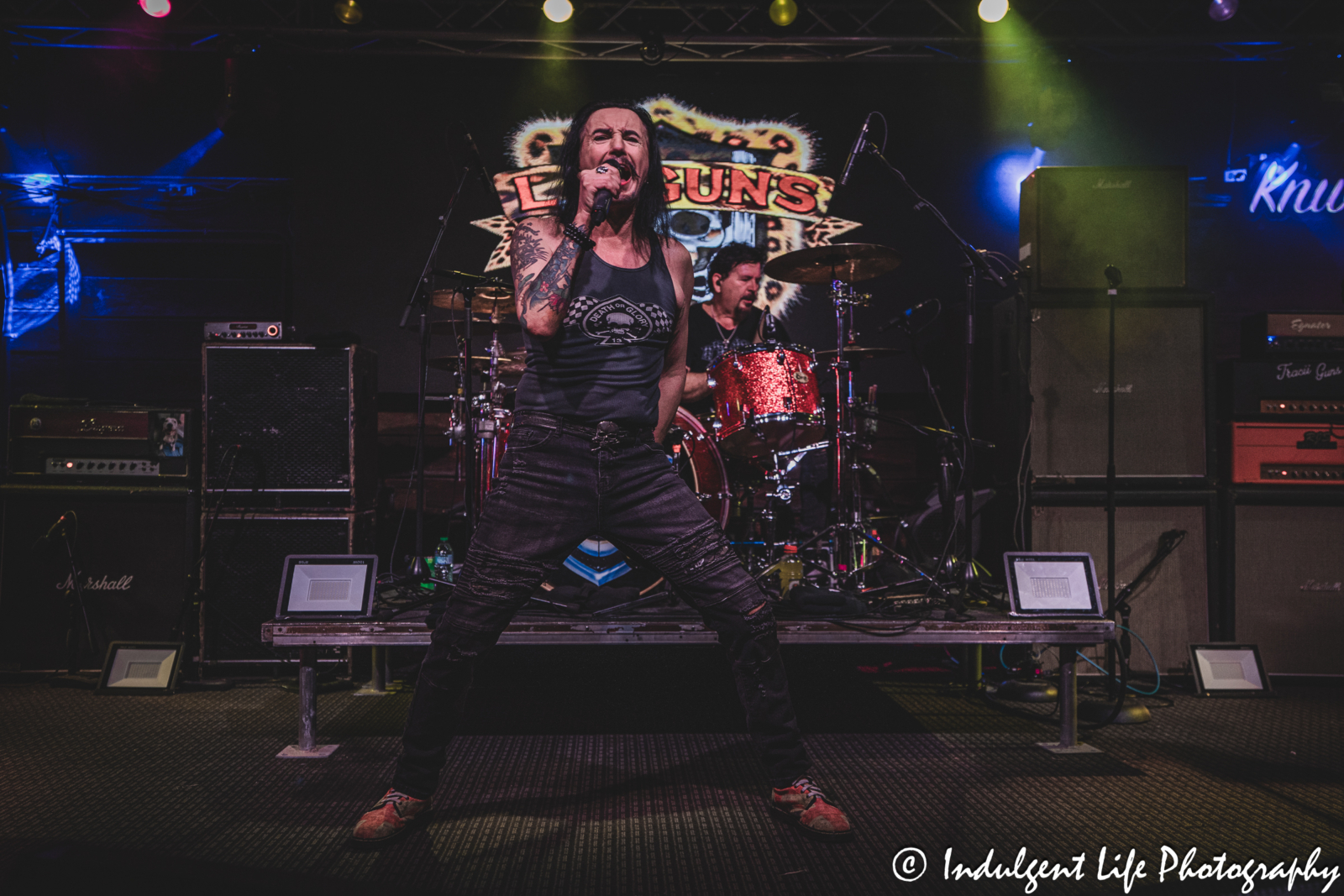 L.A. Guns frontman Phil Lewis and drummer Shawn Duncan live in concert together at Knuckleheads Saloon in Kansas City, MO on May 22, 2025.