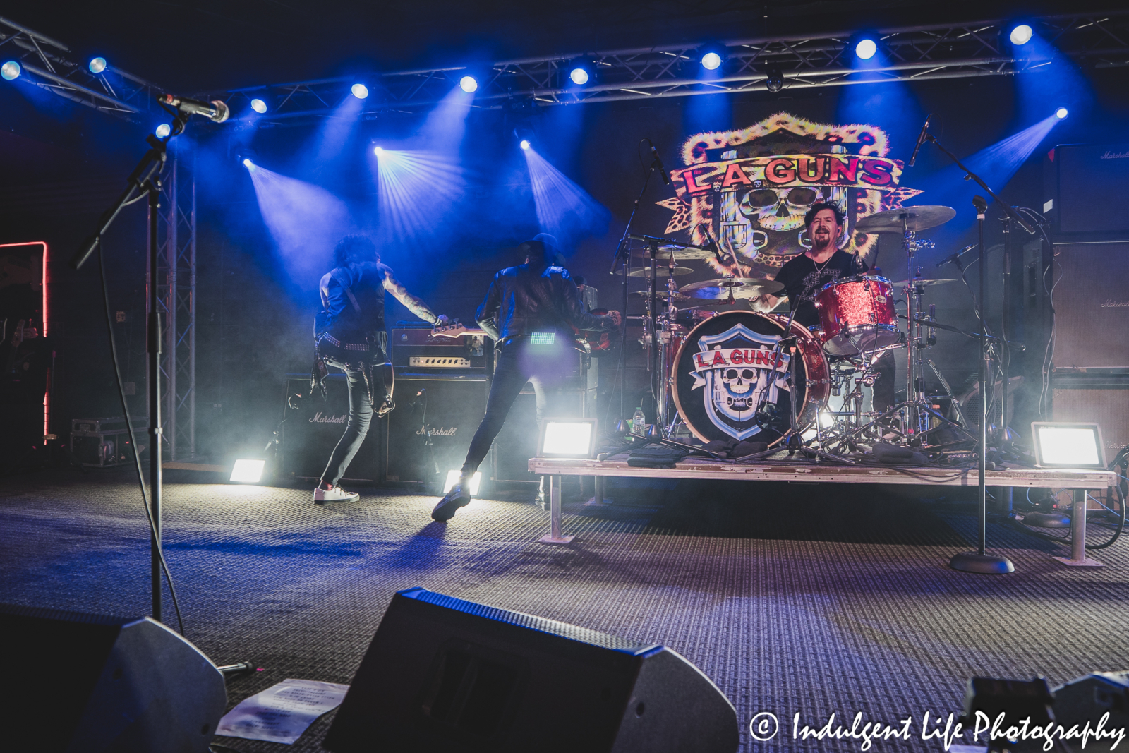 Guitarist Ace Von Johnson, bass player Johnny Martin and drummer Shawn Duncan of L.A. Guns performing live together at Knuckleheads Saloon in Kansas City, MO on May 22, 2025.