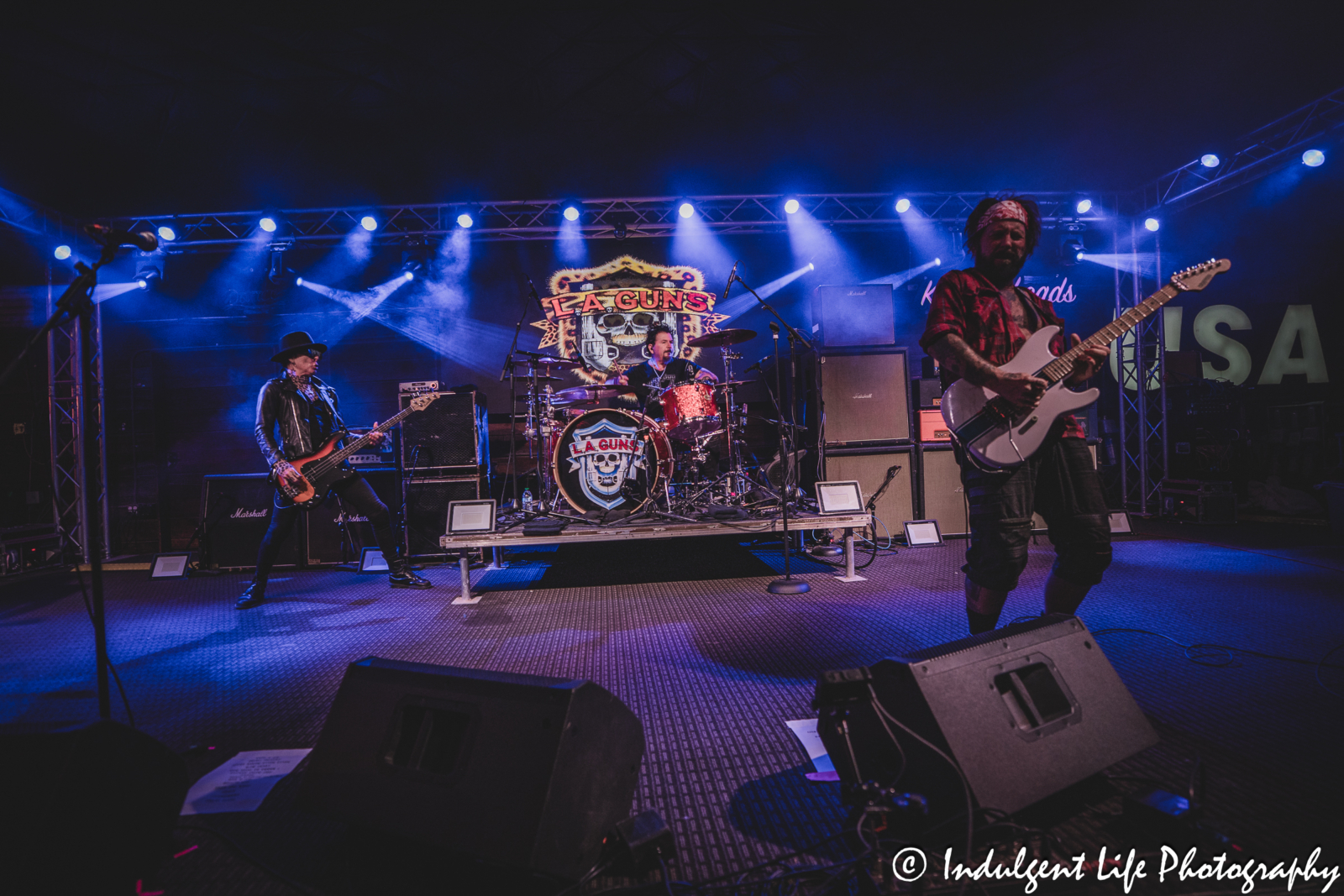 L..A. Guns bassist Johnny Martin, drummer Shawn Duncan and guitar player Tracii Guns live in concert together at Knuckleheads Saloon in Kansas City, MO on May 22, 2025.