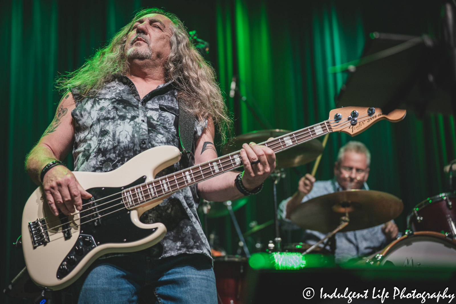 Bass guitarist Dean "Deano" Foltz and drummer Bill Larson of Missouri the band performing live together at Ameristar Casino in Kansas City, MO on April 20, 2024.