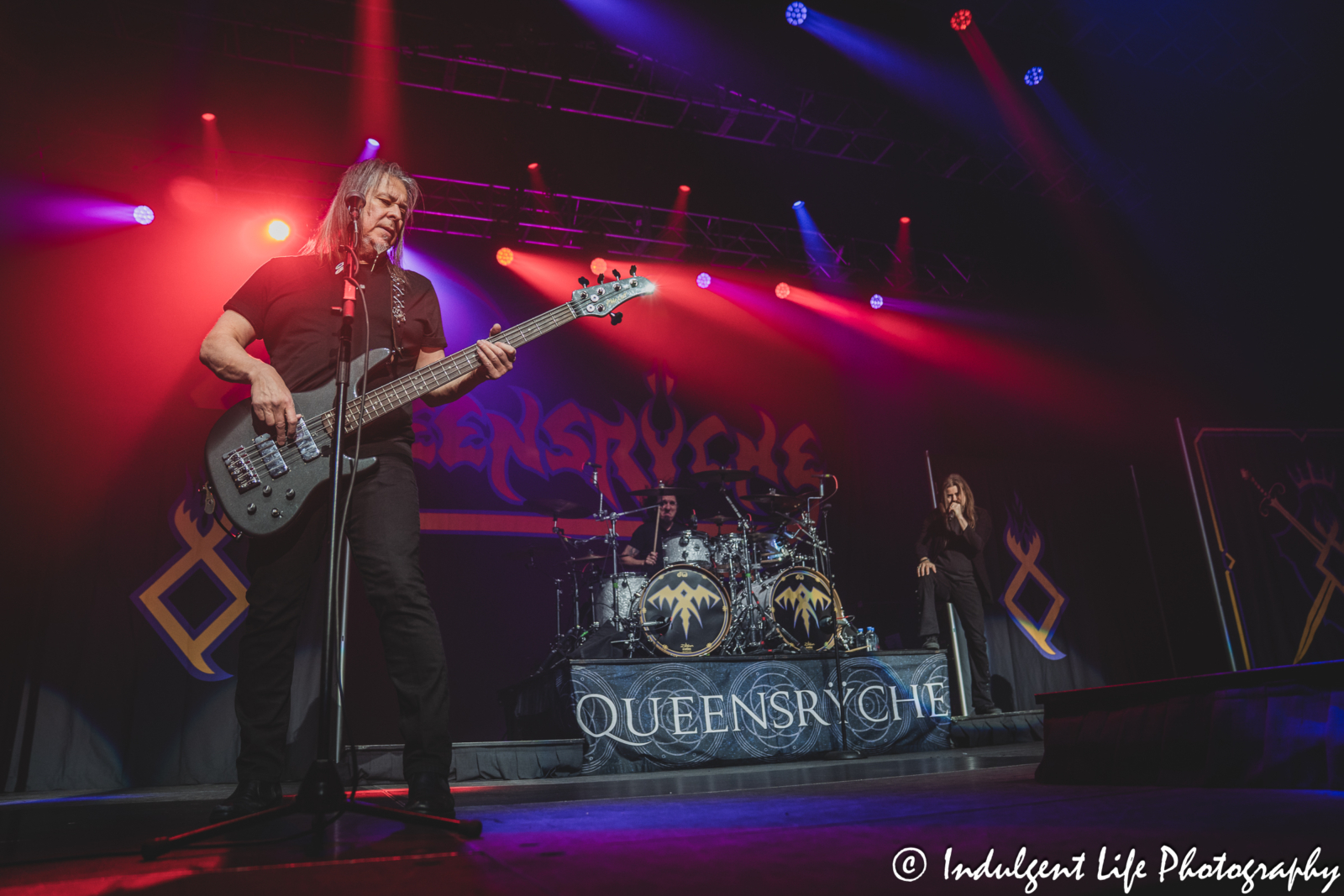 Queensrÿche bass guitarist Eddie Jackson, lead singer Todd La Torre and drummer Casey Grillo live in concert together at Ameristar Casino in Kansas City, MO on May 16, 2025.