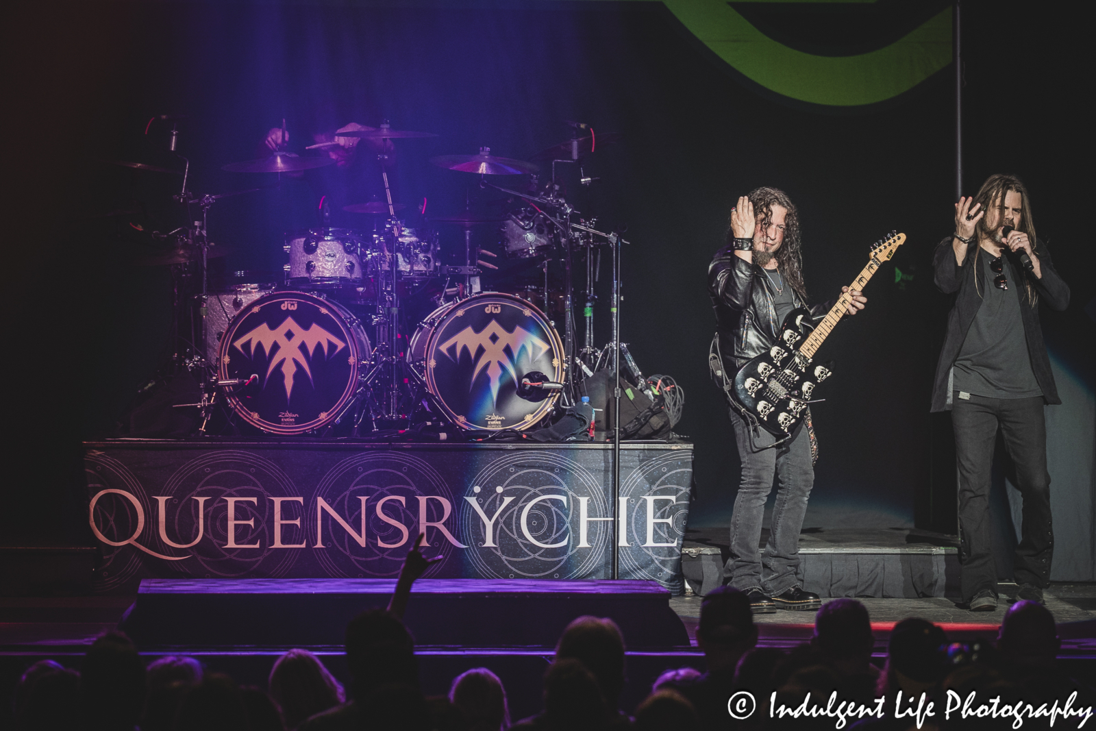Drummer Casey Grillo, guitarist Michael Wilton and lead singer Todd La Torre of Queensrÿche live in concert together at Ameristar Casino in Kansas City, MO on May 16, 2025.