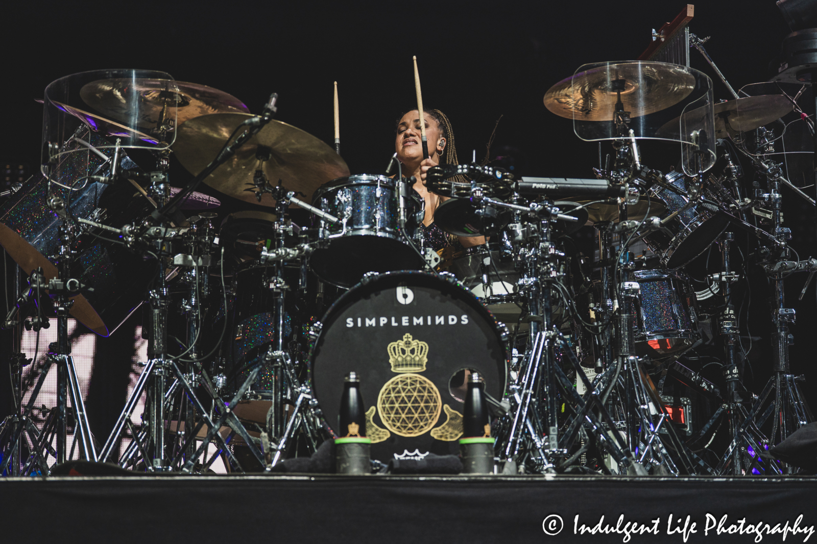 Drummer Cherisse Osei of Simple Minds performing "I Travel" live in concert on the band's "Alive & Kicking" tour at Hollywood Casino Amphitheater in Maryland Heights, MO on June 5, 2025.