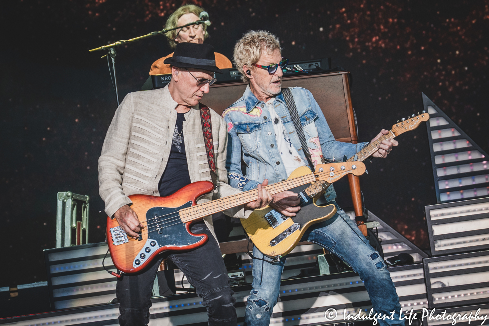 Kevin Cronin, Matt Bissonette and Derek Hilland performing "Follow My Heart" by REO Speedwagon live in concert at Starlight Theatre in Kansas City, MO on July 2, 2025.