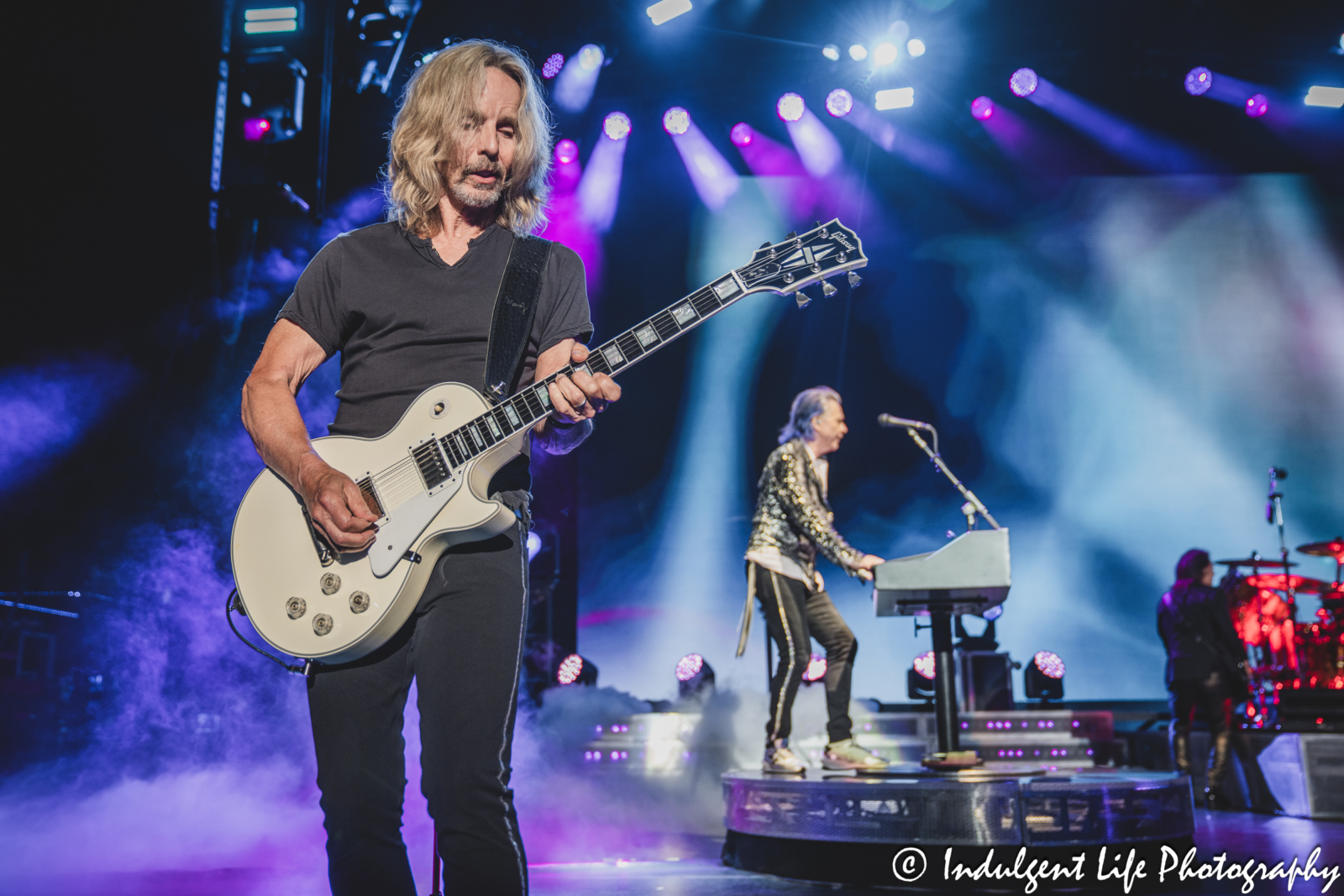 Guitar player Tommy Shaw of Styx live in concert performing "Superstars" at Starlight Theatre in Kansas City, MO on July 2, 2025.