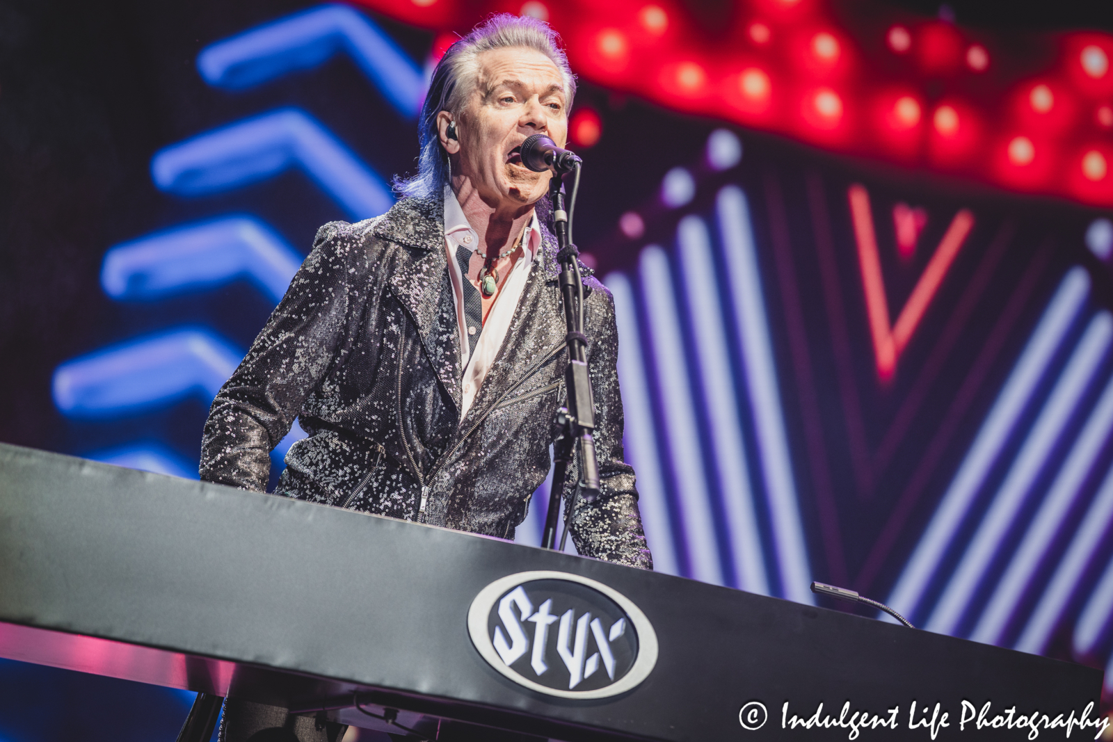 Frontman and keyboard player Lawrence Gowan of Styx performing "Superstars" live in concert at Starlight Theatre in Kansas City, MO on July 2, 2025.