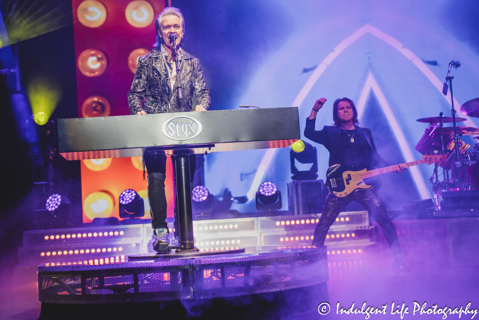 Keyboard player Lawrence Gowan and bass guitarist Terry Gowan of Styx performing "The Grand Illusion" as the band opened up its concert at Starlight Theatre in Kansas City, MO on July 2, 2025.