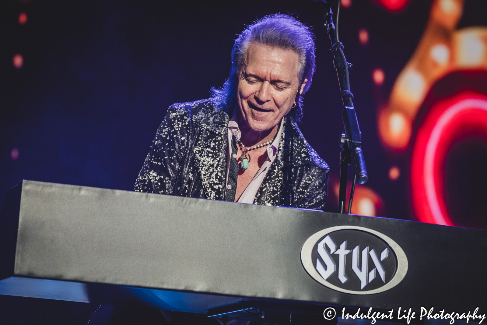Styx frontman and keyboard player Lawrence Gowan live in concert performing "Superstars" at Starlight Theatre in Kansas City, MO on July 2, 2025.