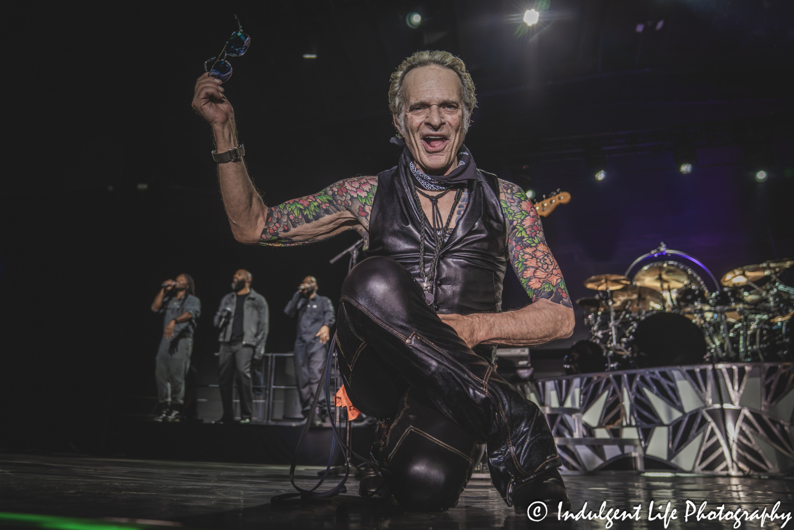 Van Halen frontman David Lee Roth posing for the camera as he performed "I'm the One" with his solo band at Grinders in the Crossroads of downtown Kansas City, MO on August 27, 2025.