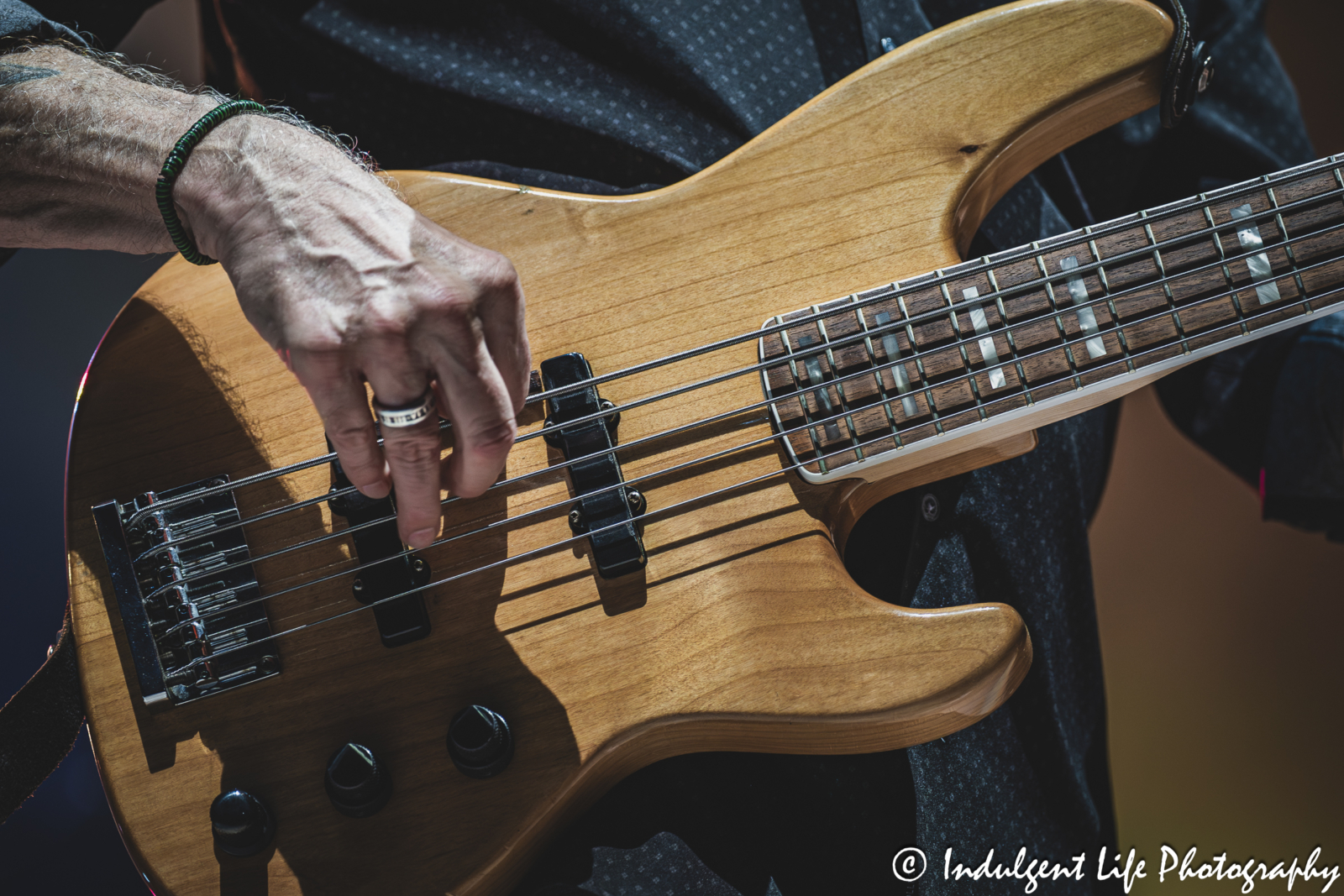Bass guitar of Little River Band frontman Wayne Nelson as he performed live at Azura Amphitheater in Bonner Springs, KS on September 25, 2025.