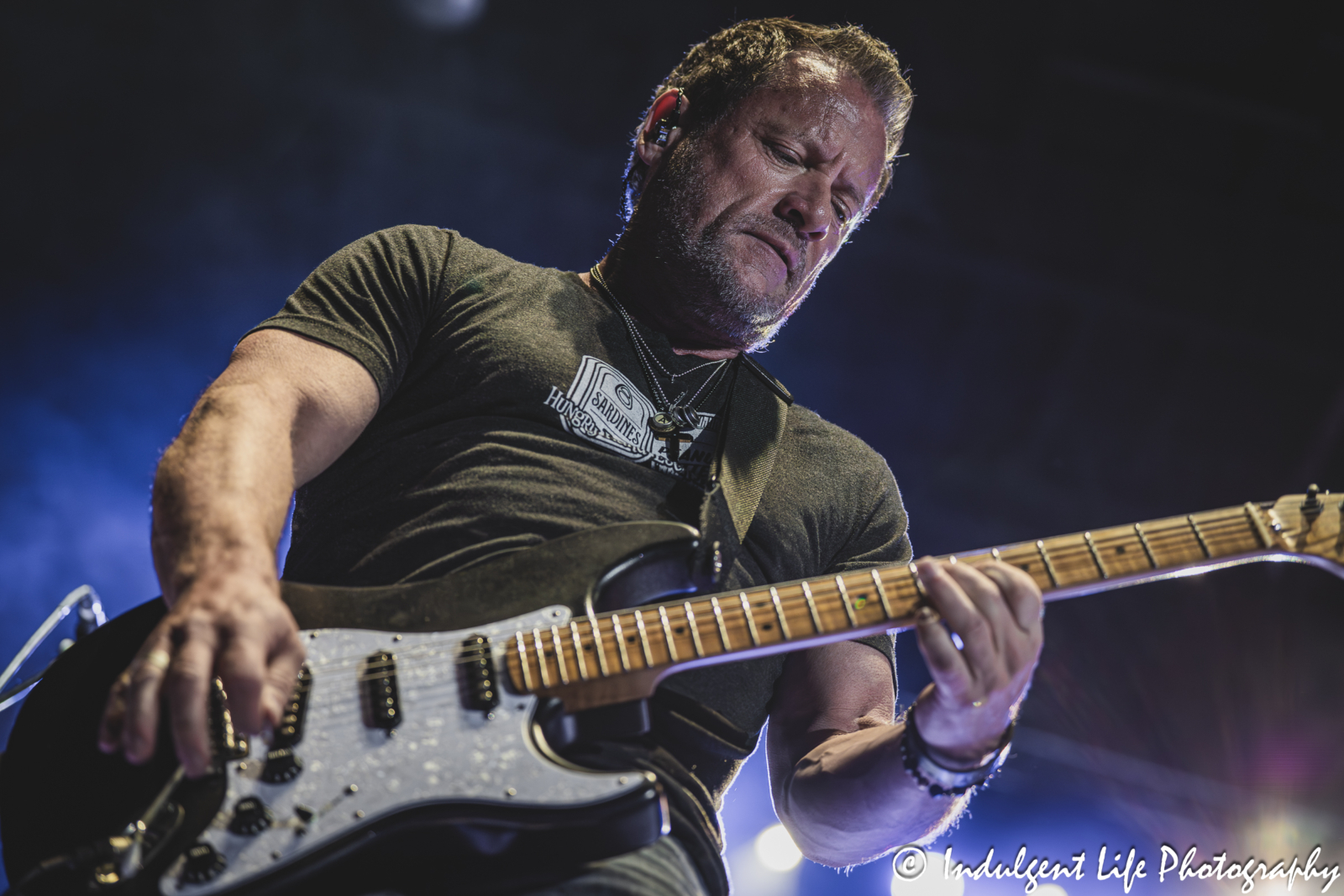 Guitar player Colin Whinnery of Little River Band performing "Reminiscing" live in concert at Azura Amphitheater in Bonner Springs, KS on September 25, 2025.